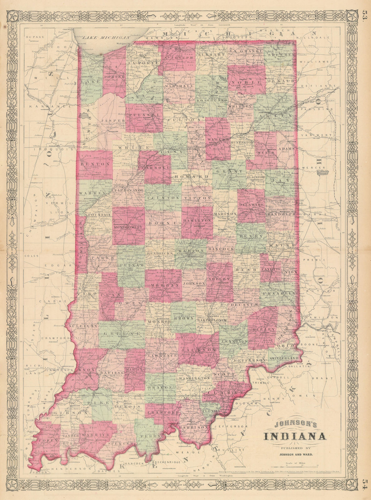 Associate Product Johnson's Indiana. US state map showing counties 1865 old antique chart