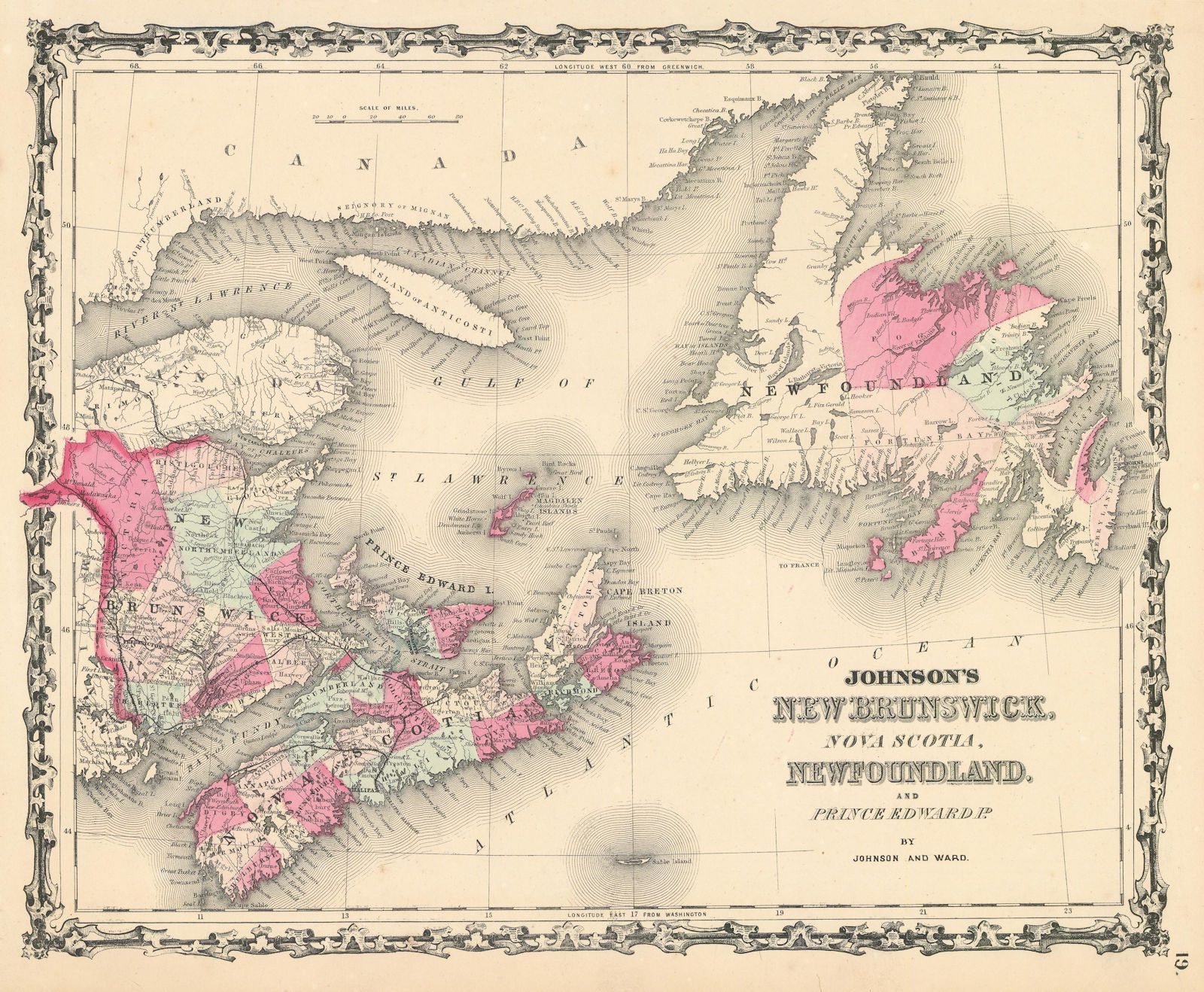 Associate Product Johnson's New Brunswick, Nova Scotia, Newfoundland & Prince Edward Id. 1862 map
