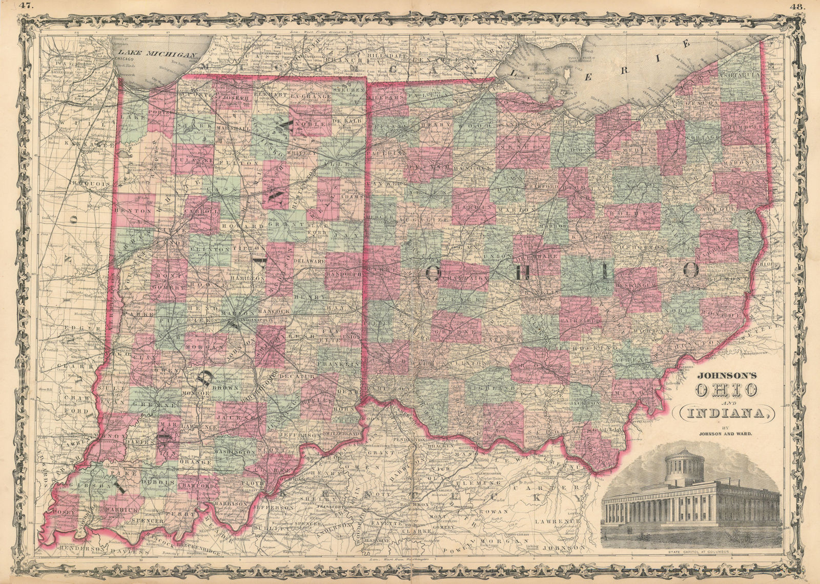 Johnson's Ohio & Indiana. US state map showing counties 1862 old antique