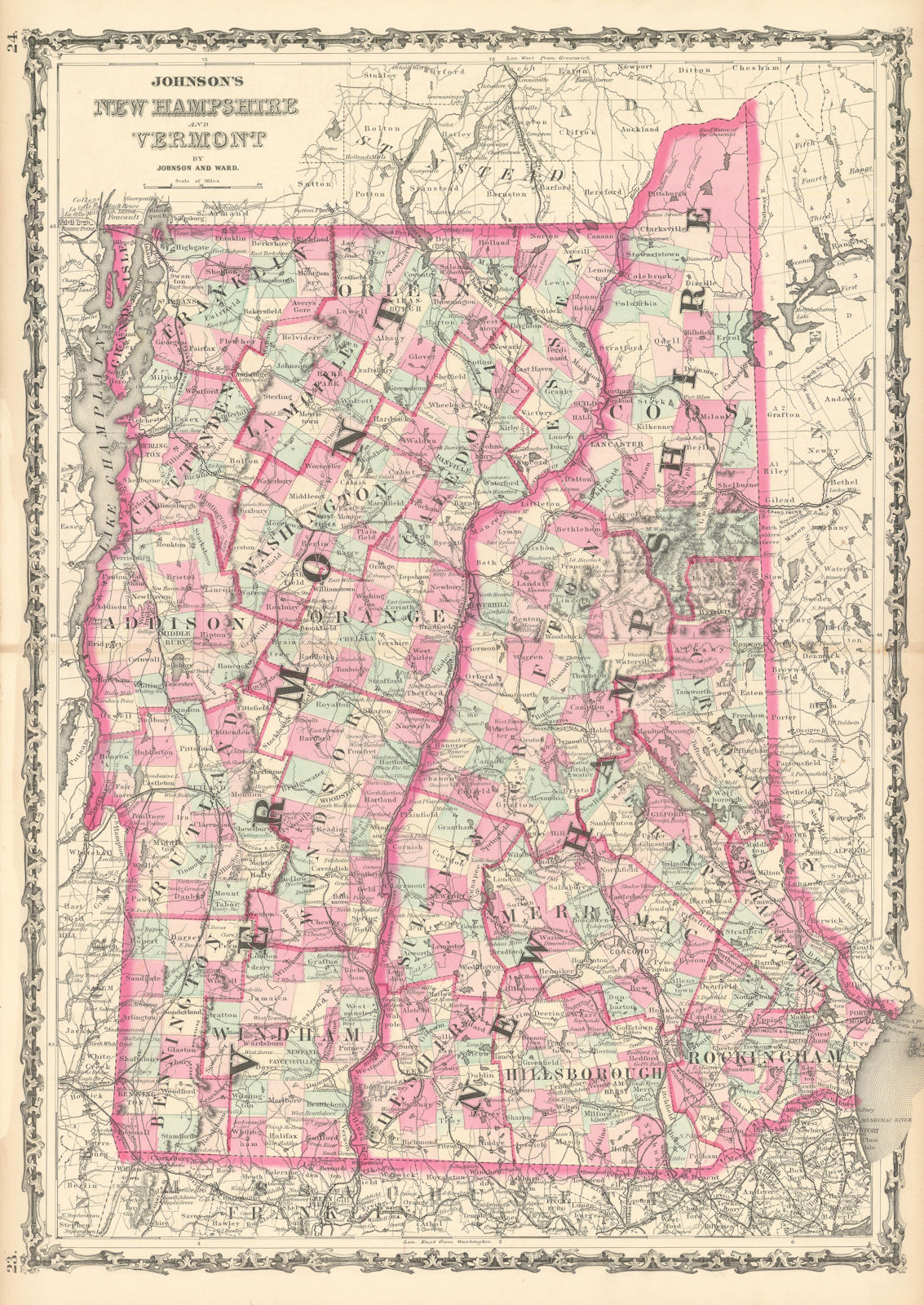 Johnson's New Hampshire & Vermont. US State map showing counties 1863 old