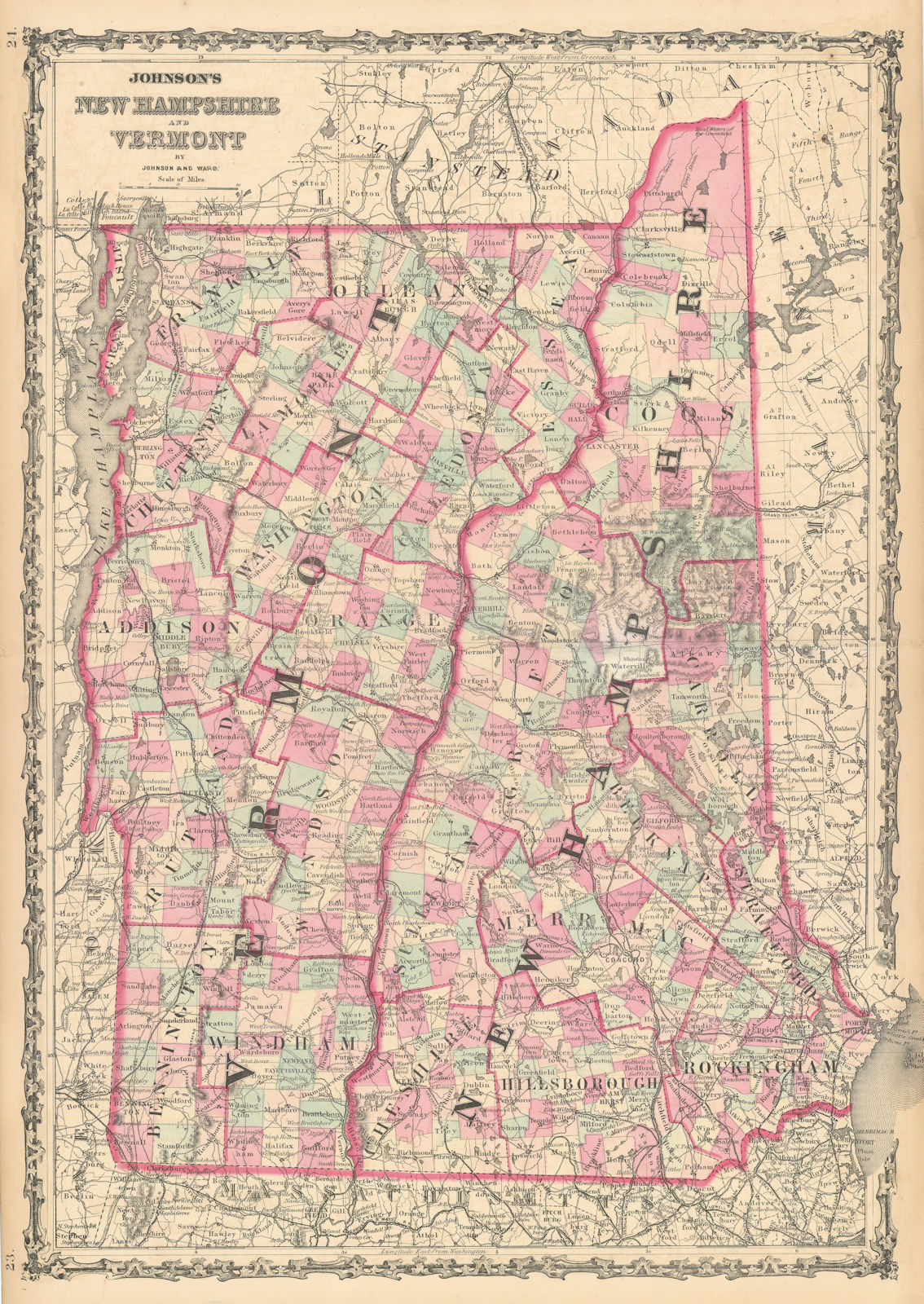 Associate Product Johnson's New Hampshire & Vermont. US State map showing counties 1862 old