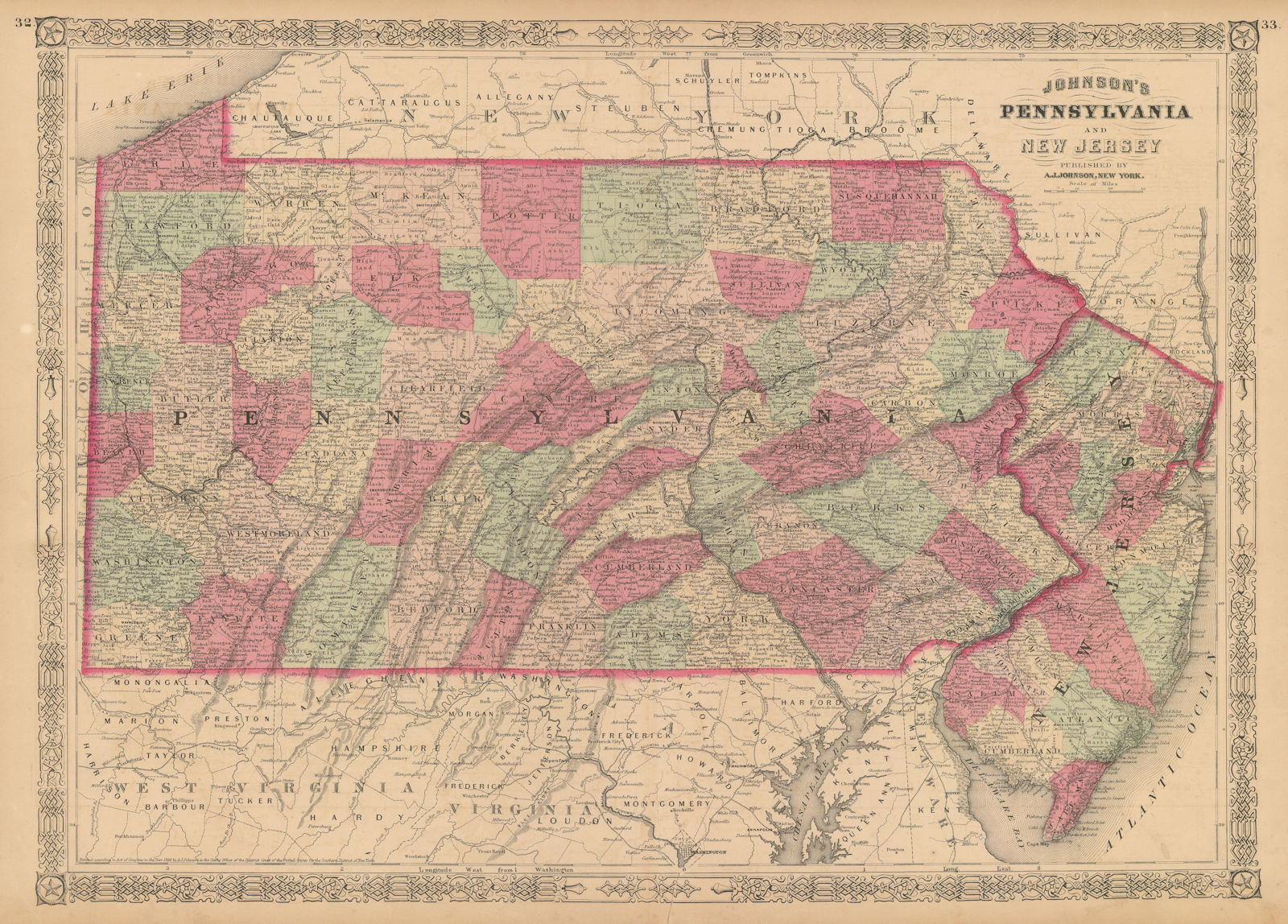 Johnson's Pennsylvania and New Jersey. US state map showing counties 1867