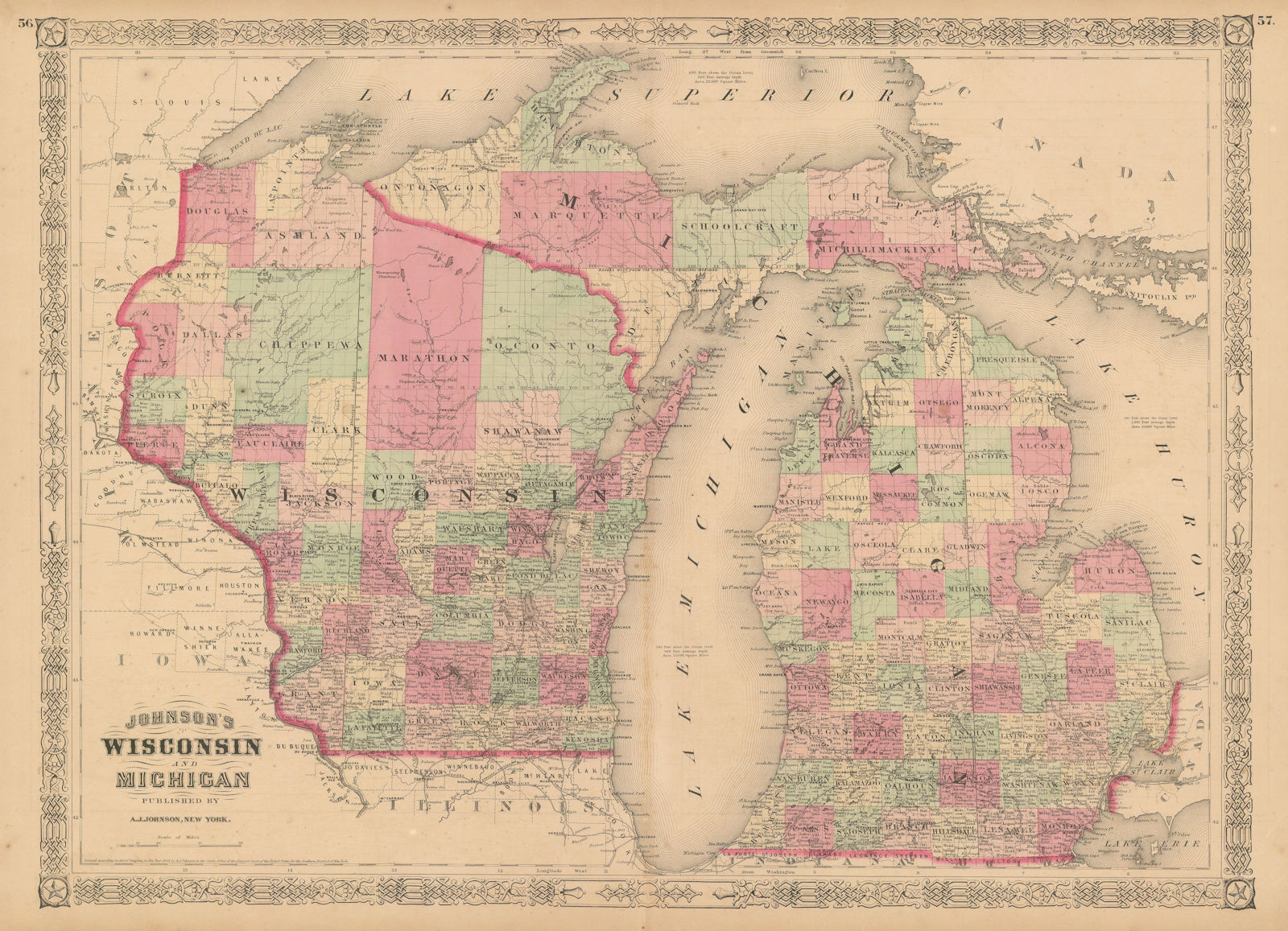 Johnson's Wisconsin & Michigan. State map showing counties. Great Lakes 1867