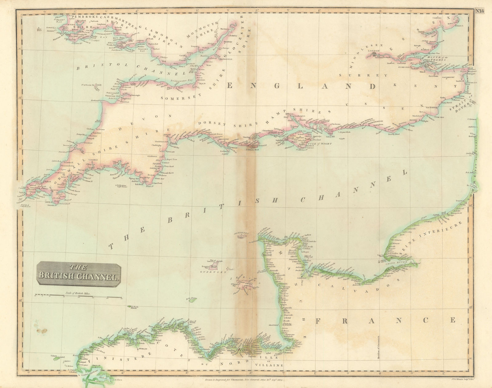 "The British Channel" by John Thomson. English Channel. Manche 1817 old map
