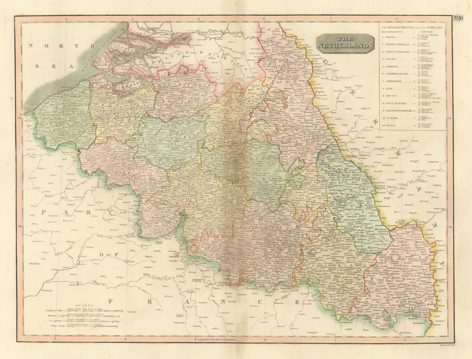 "The Netherlands". French-ruled Belgium with 13 Départements. THOMSON 1817 map