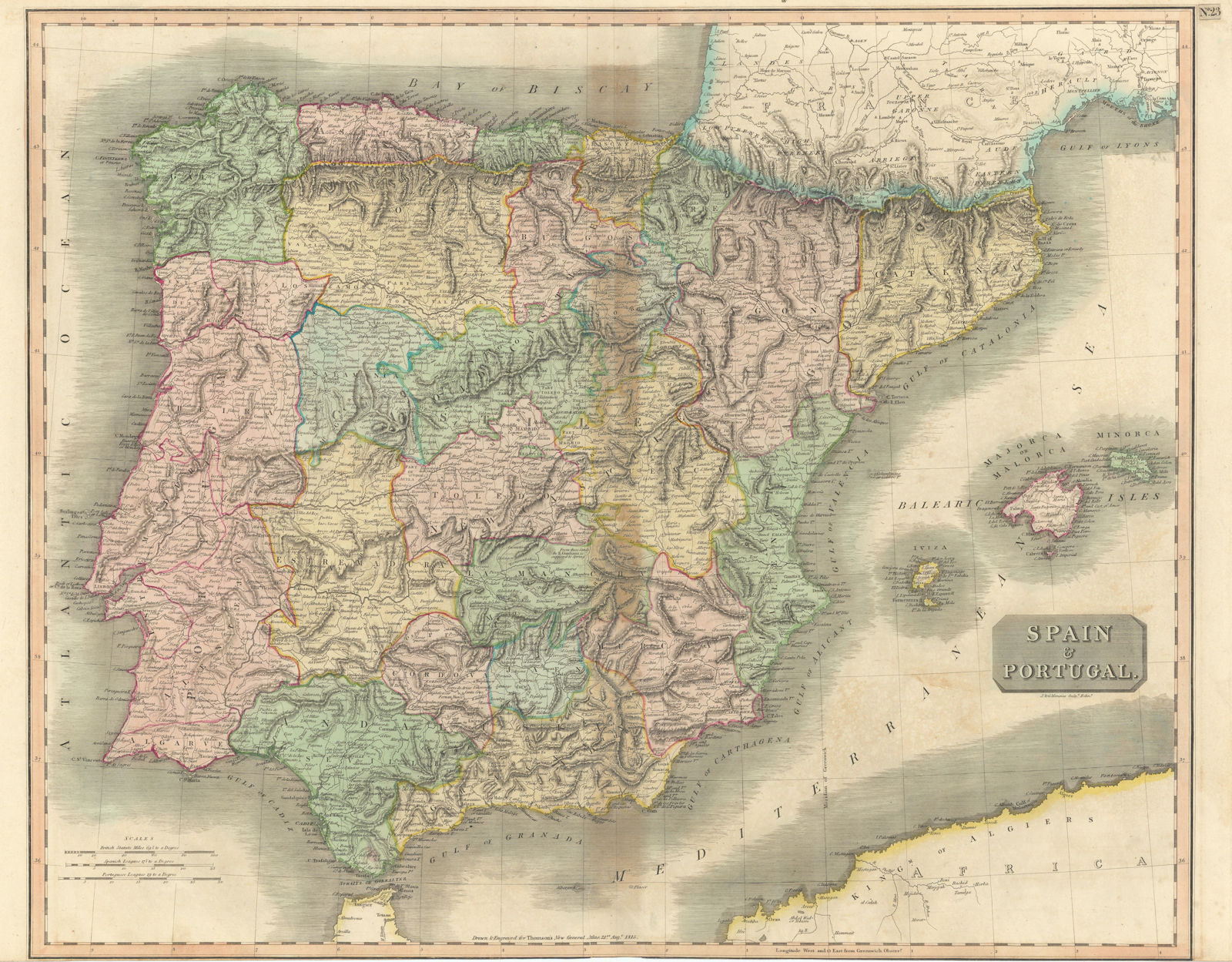 "Spain and Portugal" by John Thomson. Provinces. Iberia 1817 old antique map