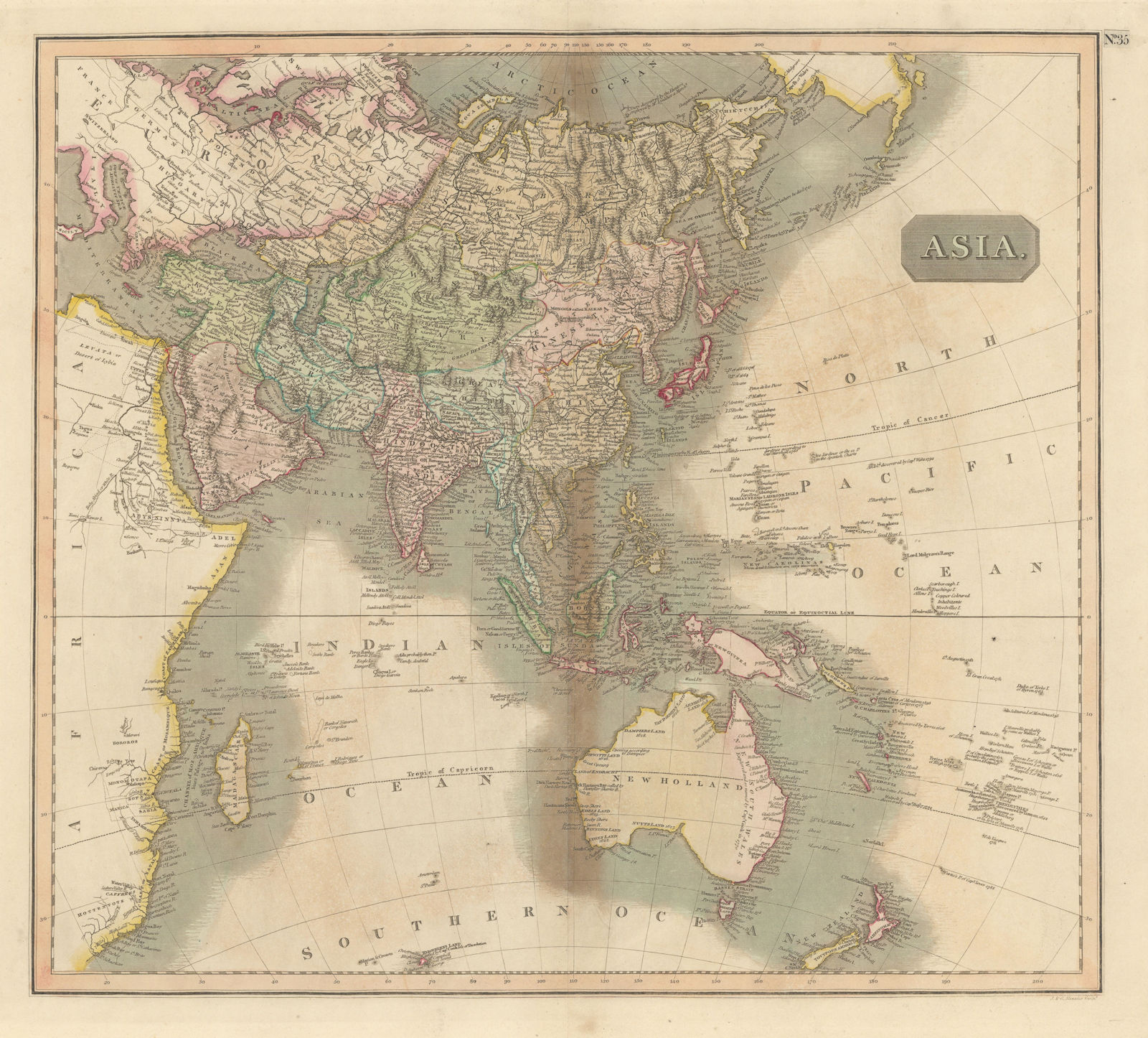 "Asia" on Gnomonic projection. Phantom Los Jardines islands. THOMSON 1817 map
