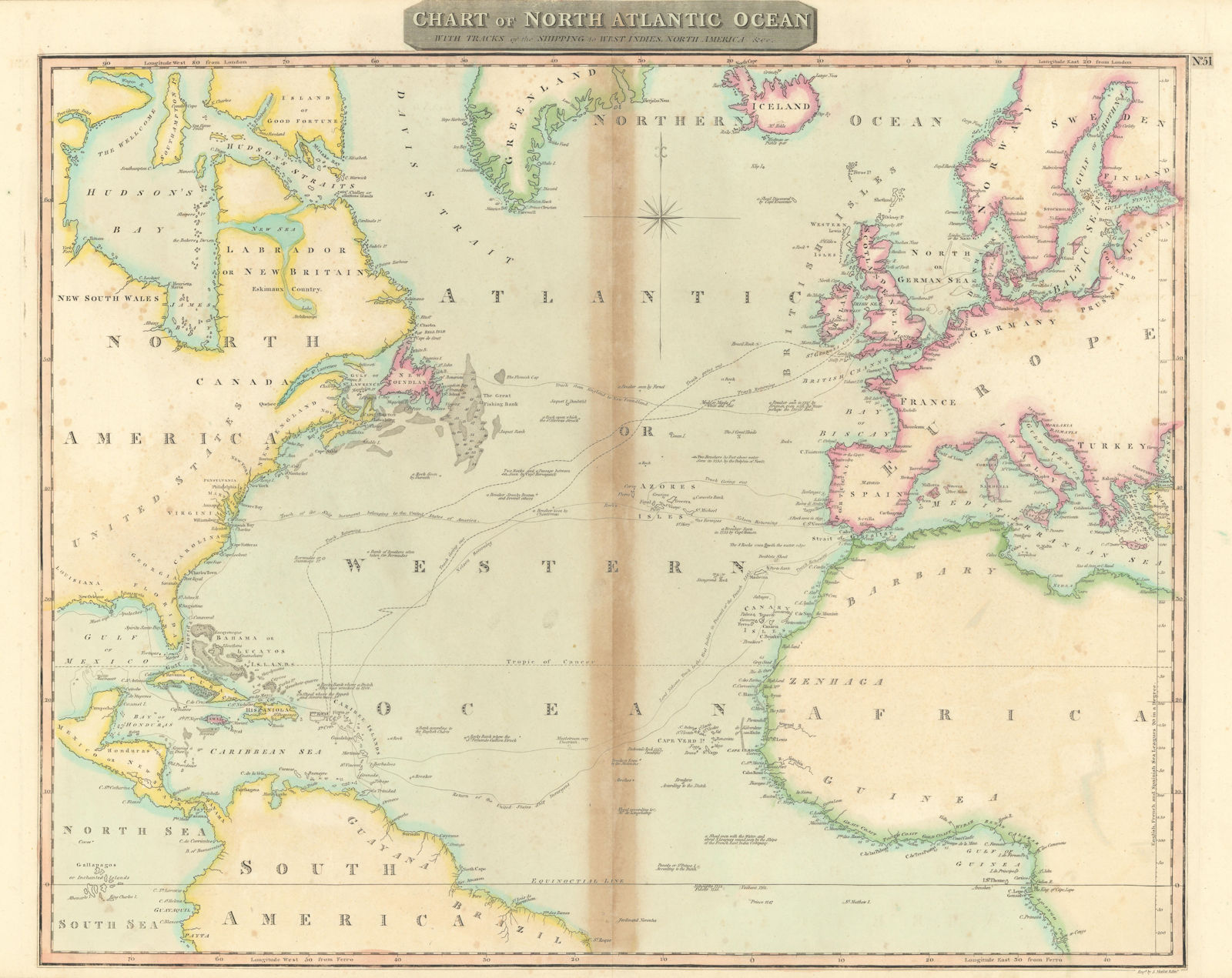 Associate Product "North Atlantic Ocean" showing Nelson's & trade routes. THOMSON 1817 old map