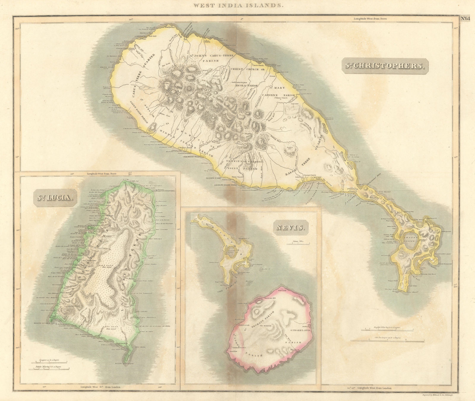 St Christophers, Nevis & St Lucia. St Kitts. West Indies. THOMSON 1817 old map