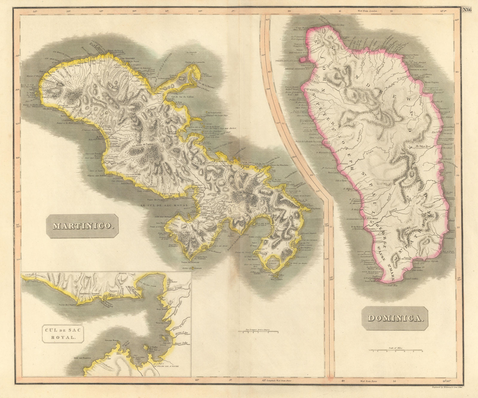 Dominica & "Martinico" (Martinique). Fort-de-France bay. THOMSON 1817 old map