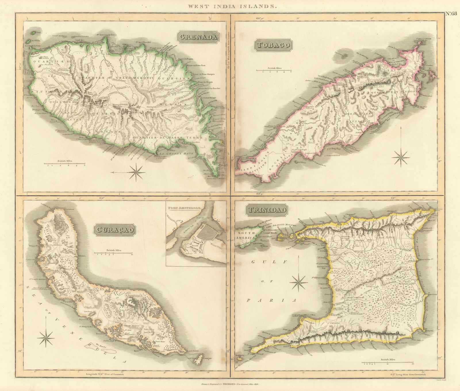 Grenada, Tobago, Trinidad & Curaçao. West Indies Caribbean. THOMSON 1817 map