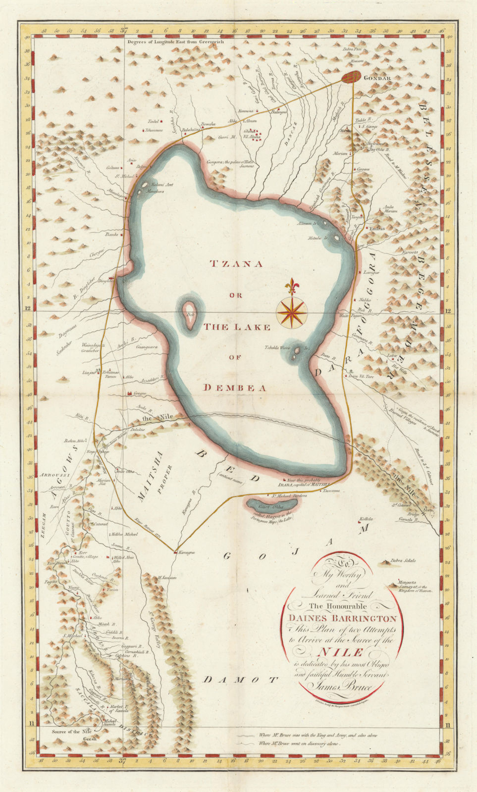 Plan of two attempts to arrive at the source of the Nile by James Bruce 1804 map