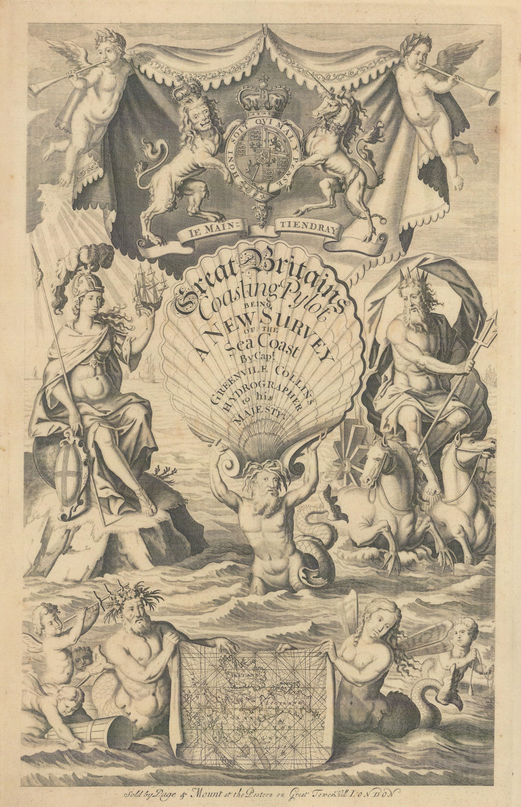 Great Britain's Coasting Pilot decorative title page. Capt G COLLINS 1723