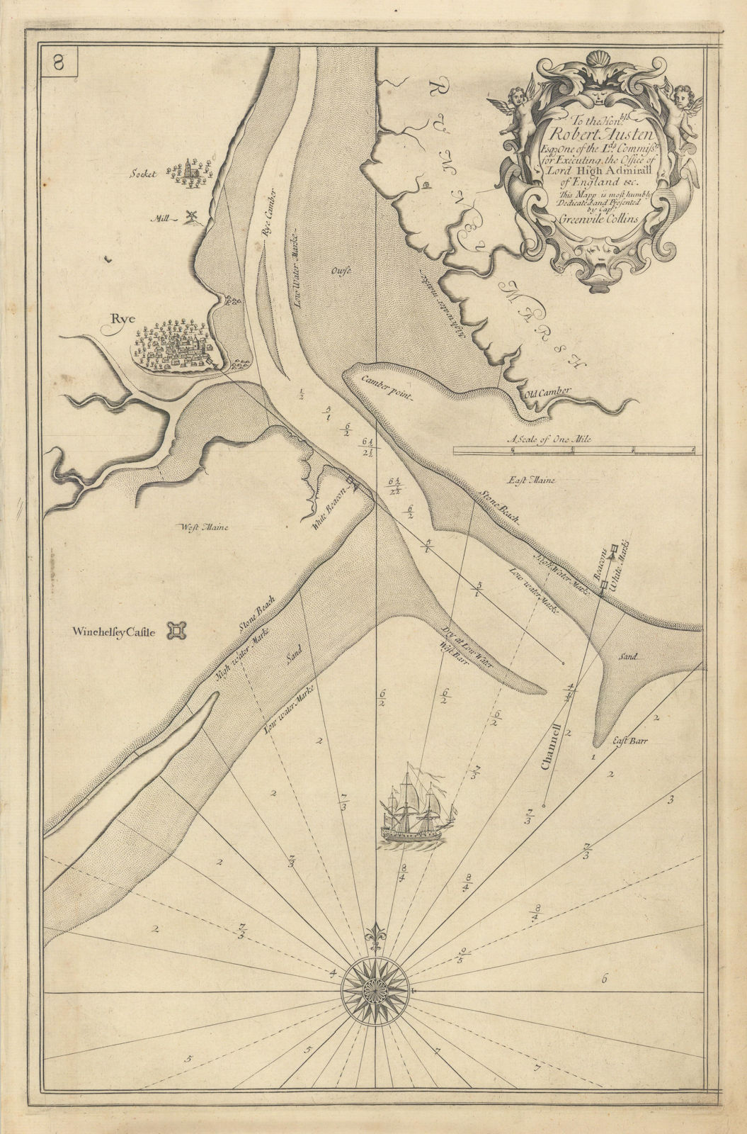 Rother Estuary, Rye & Winchelsea. Sea chart by Capt. Greenvile. COLLINS 1723 map