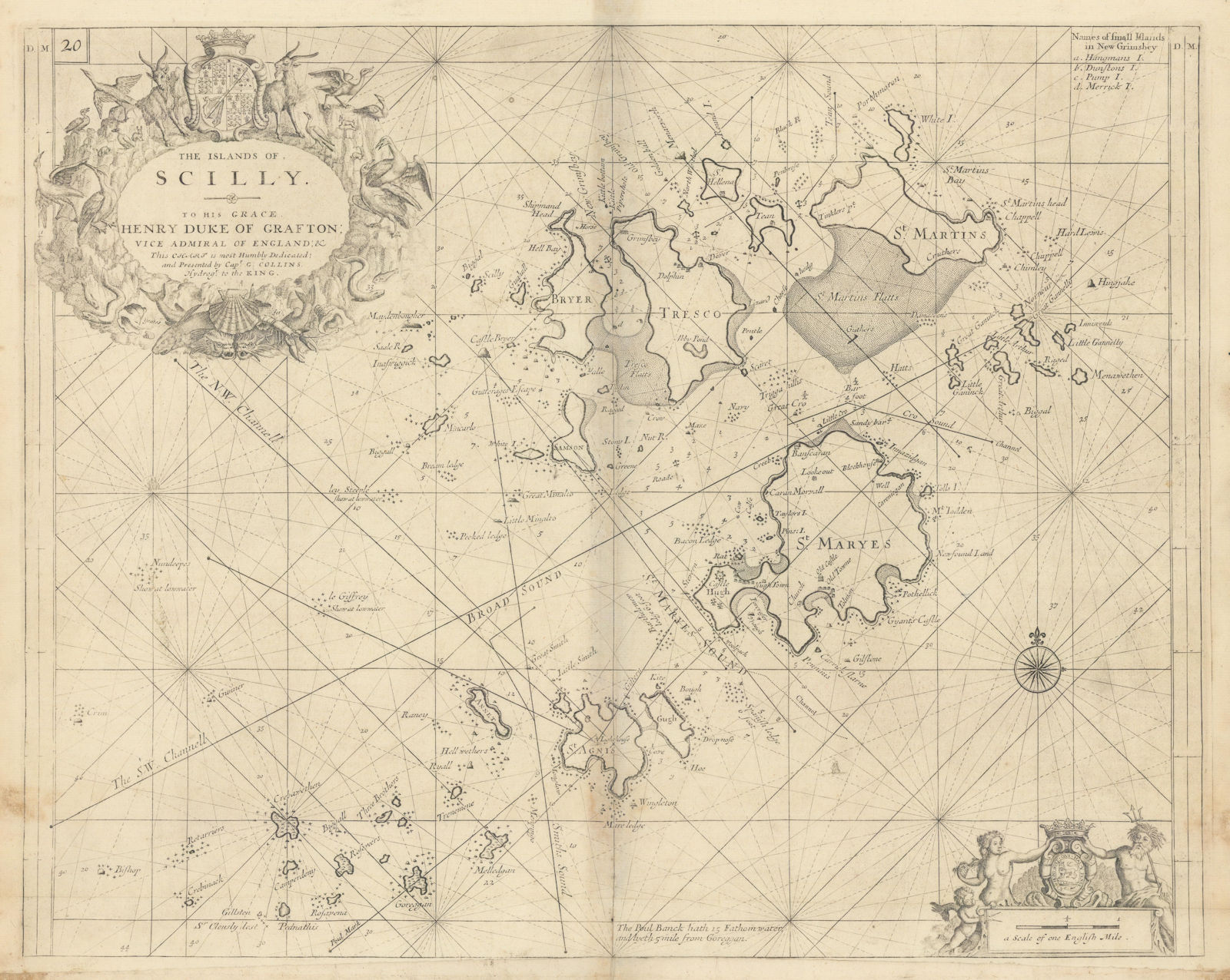 Associate Product THE ISLANDS OF SCILLY sea chart by Captain Greenvile. COLLINS 1723 old map