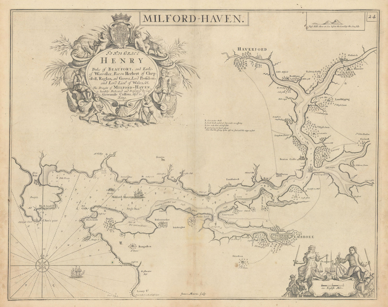 Milford Haven sea chart. Haverfordwest Pembrokeshire. COLLINS 1723 old map