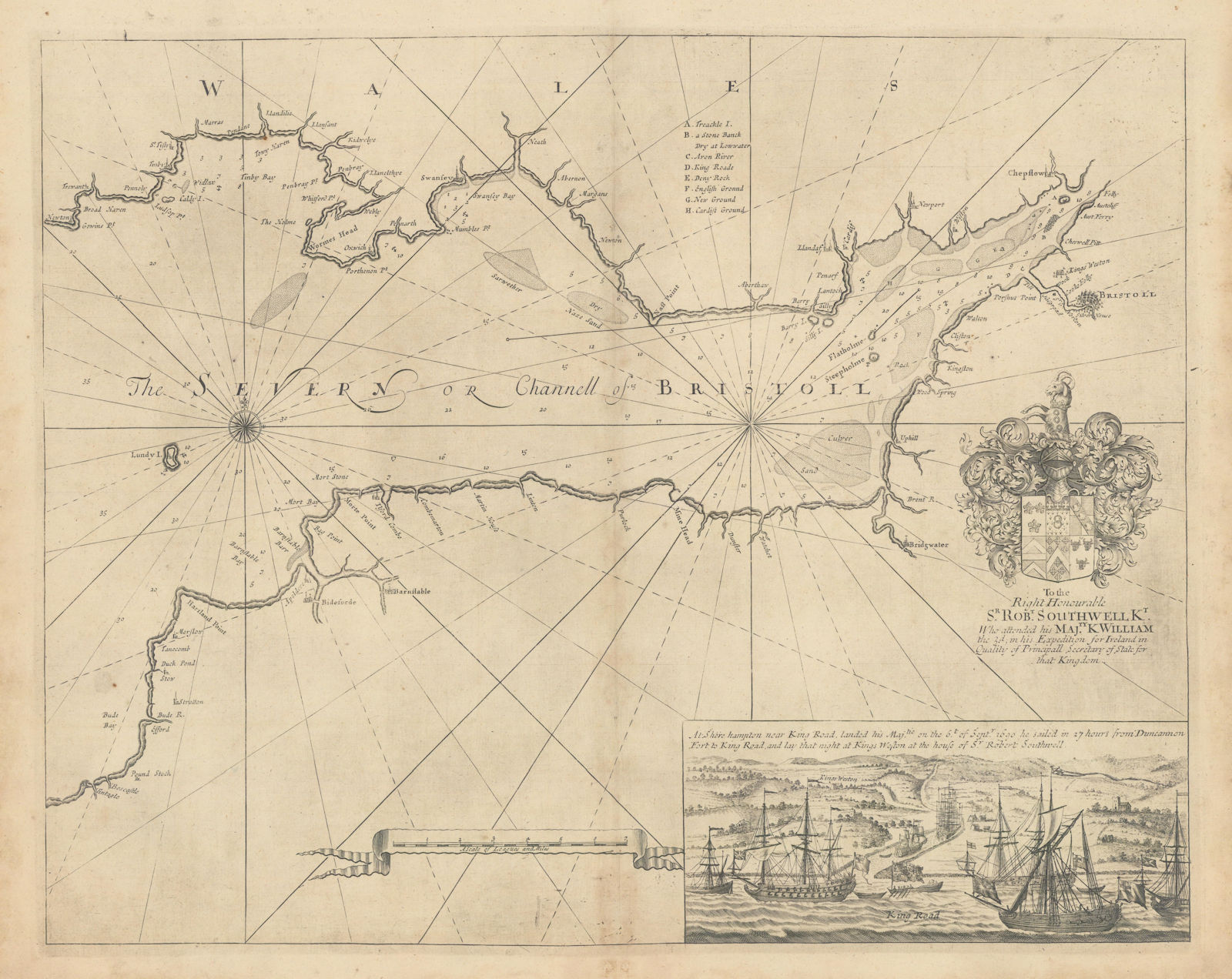 The Severn or Channell of Bristoll sea/estuary chart by Capt COLLINS 1723 map