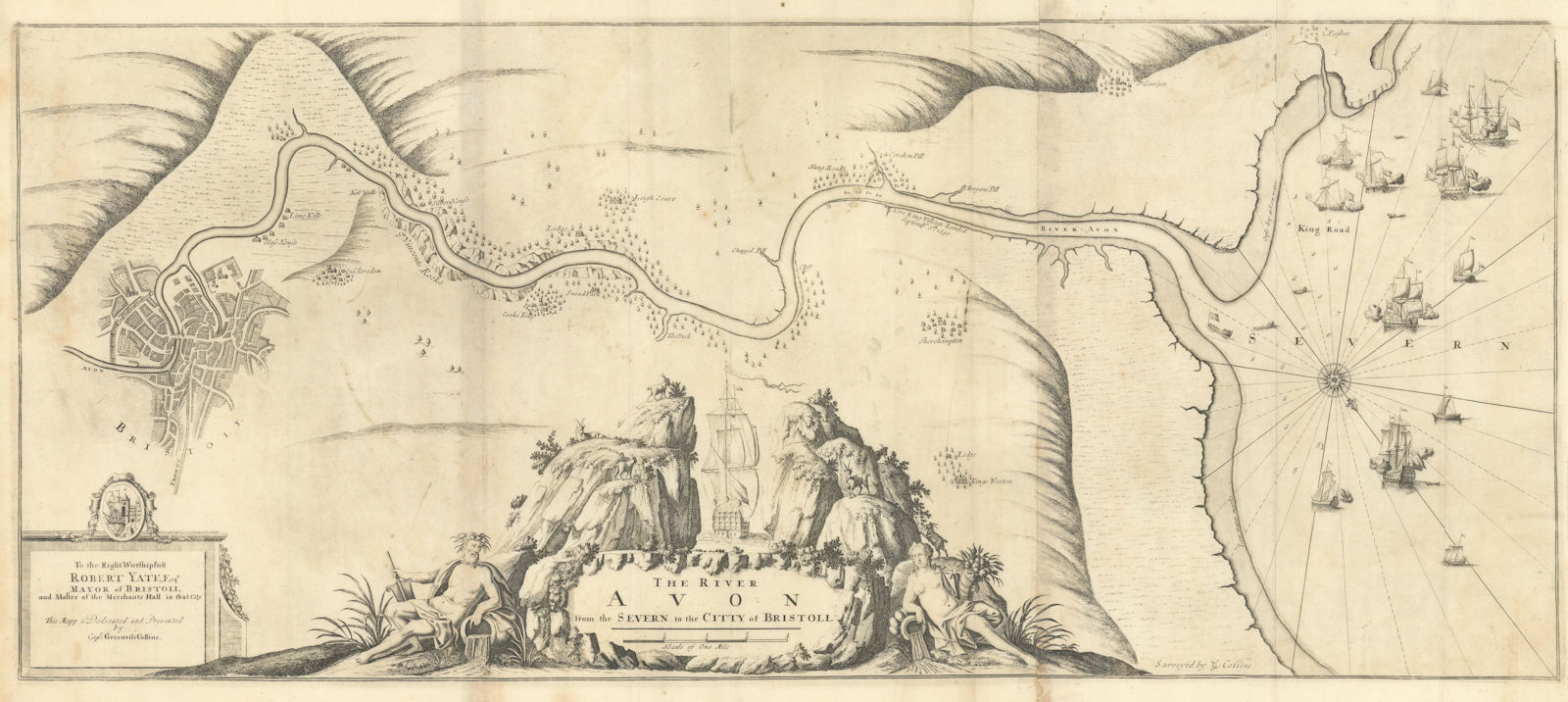 The River Avon from the Severn to the Citty of Bristoll. COLLINS 1723 old map