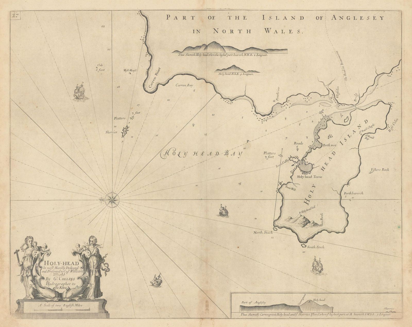 Holy-Head sea chart. Holy Island & HOLYHEAD, Anglesey. Capt. COLLINS 1723 map