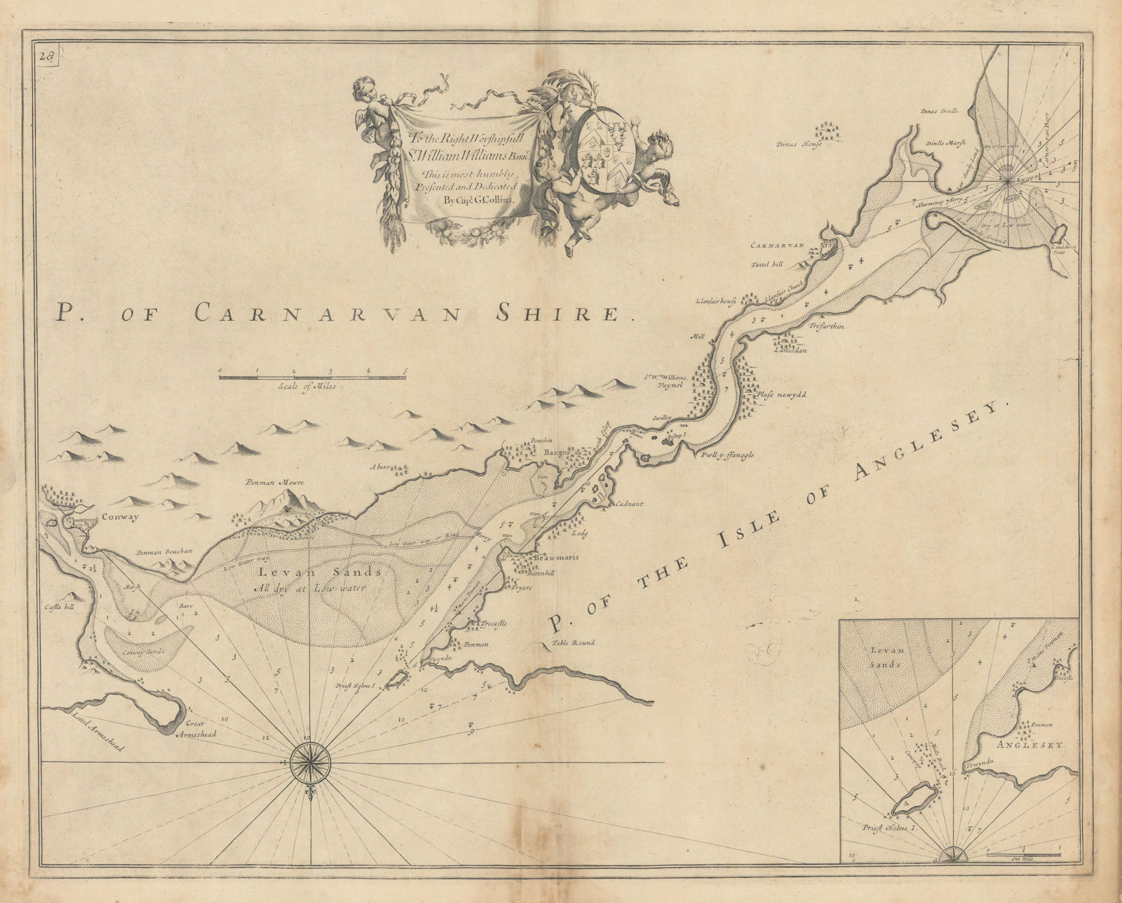 MENAI STRAIT sea chart. Anglesey Bangor Conwy Caernarfon.COLLINS 1723 old map