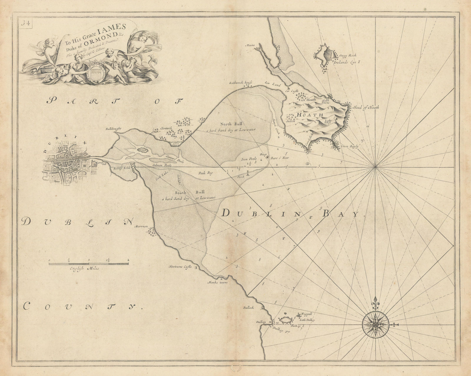 DUBLIN BAY sea chart. Howth Head Dalkey Clontarf Merrion. COLLINS 1723 old map