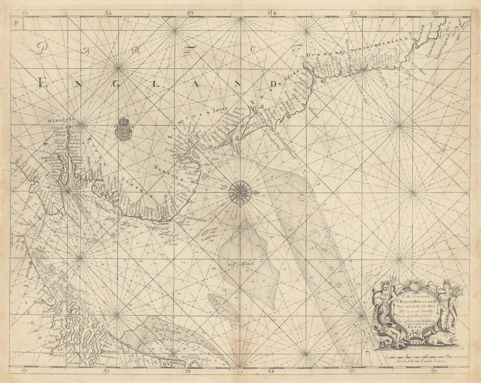NORTH SEA coast chart. East coast of England Holland Flanders. COLLINS 1723 map