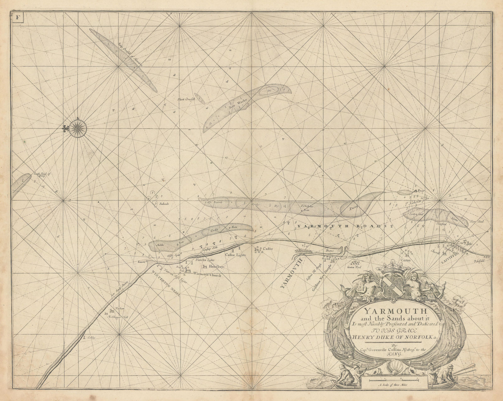 Great Yarmouth and the sands about it sea chart. Lowestoft. COLLINS 1723 map