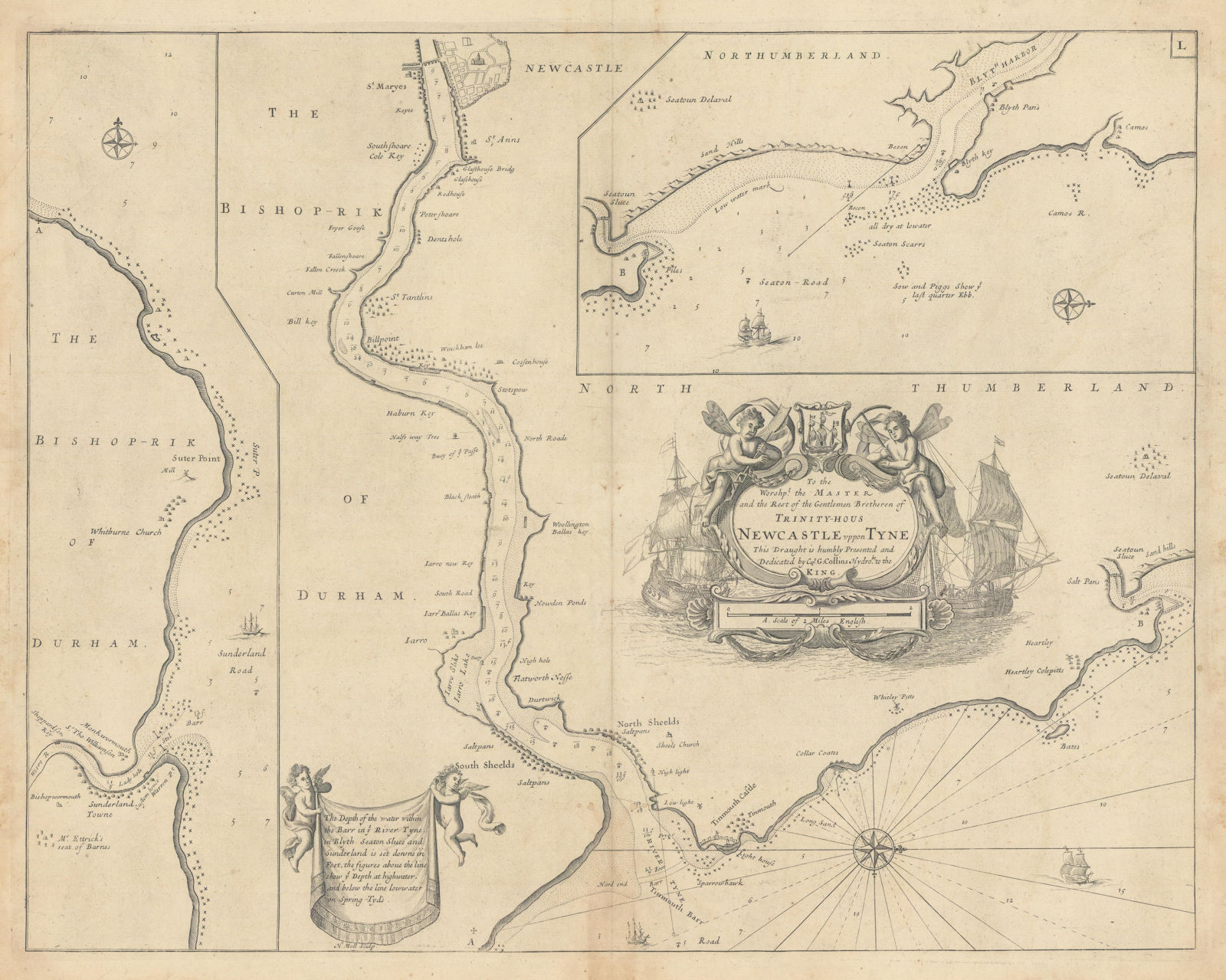NEWCASTLE UPPON TYNE. Tyneside Wearside Sunderland Blyth. COLLINS 1723 old map