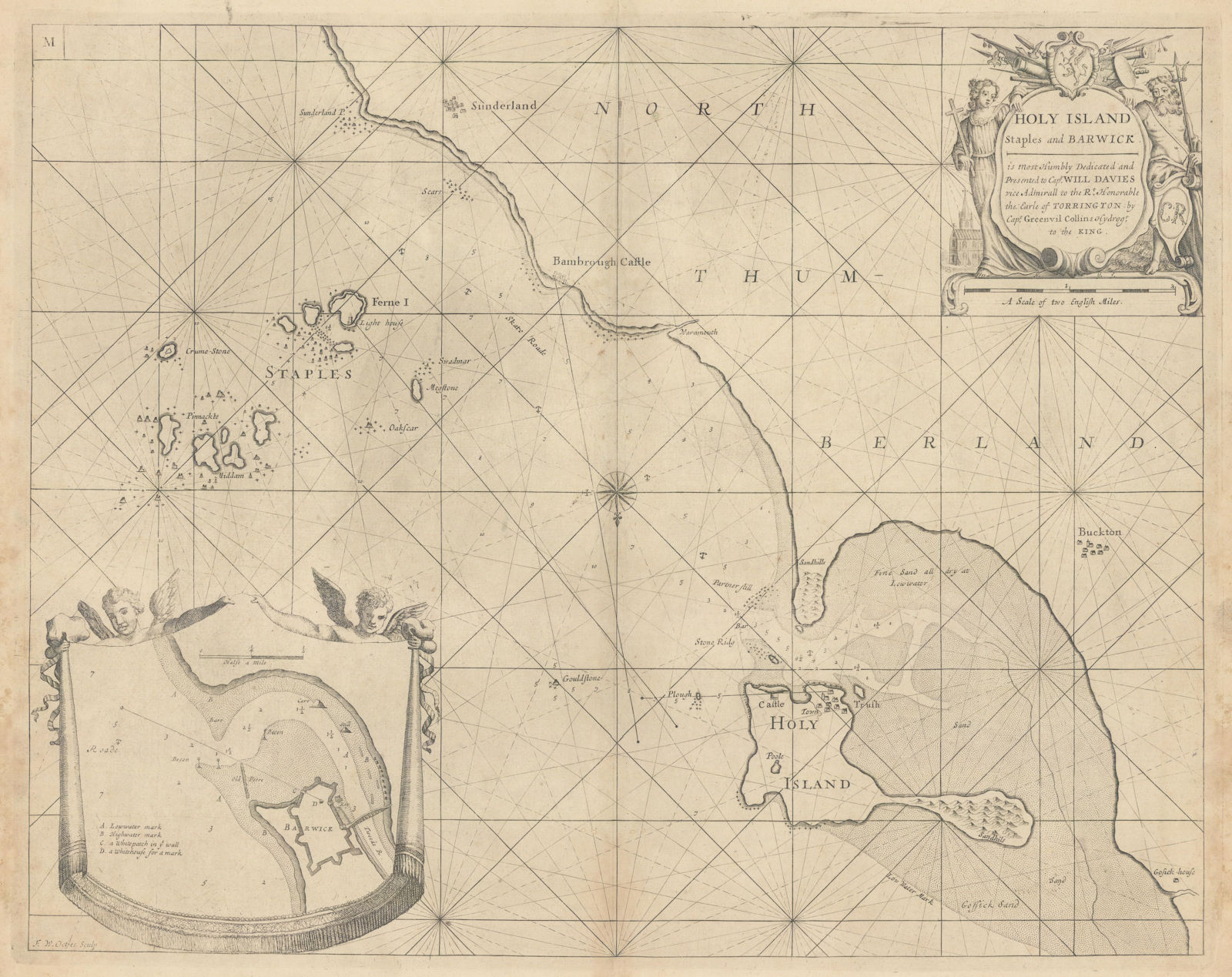 Holy Island, Staples & Barwick. Lindisfarne Farne Is Berwick. COLLINS 1723 map