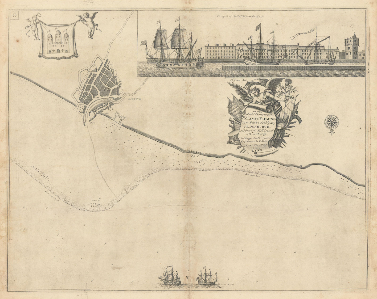 Navigation chart & view of LEITH, by Capt Greenvile COLLINS. Edinburgh 1723 map