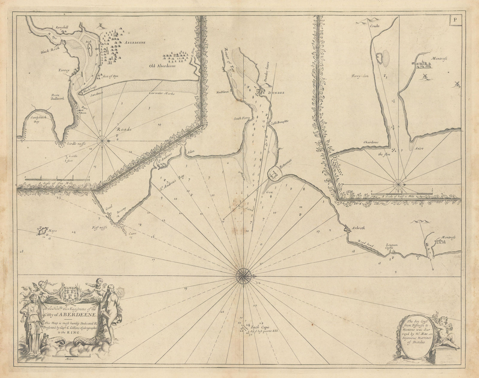 Approaches to ABERDEEN, DUNDEE & MONTROSE sea chart. Tay. COLLINS 1723 old map
