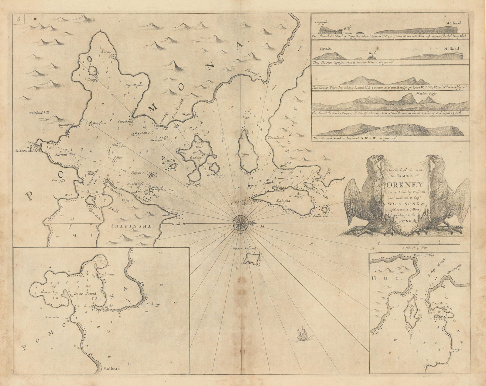 Chiefe Harbours in the Islands of Orkney sea chart. Kirkwall.COLLINS 1723 map