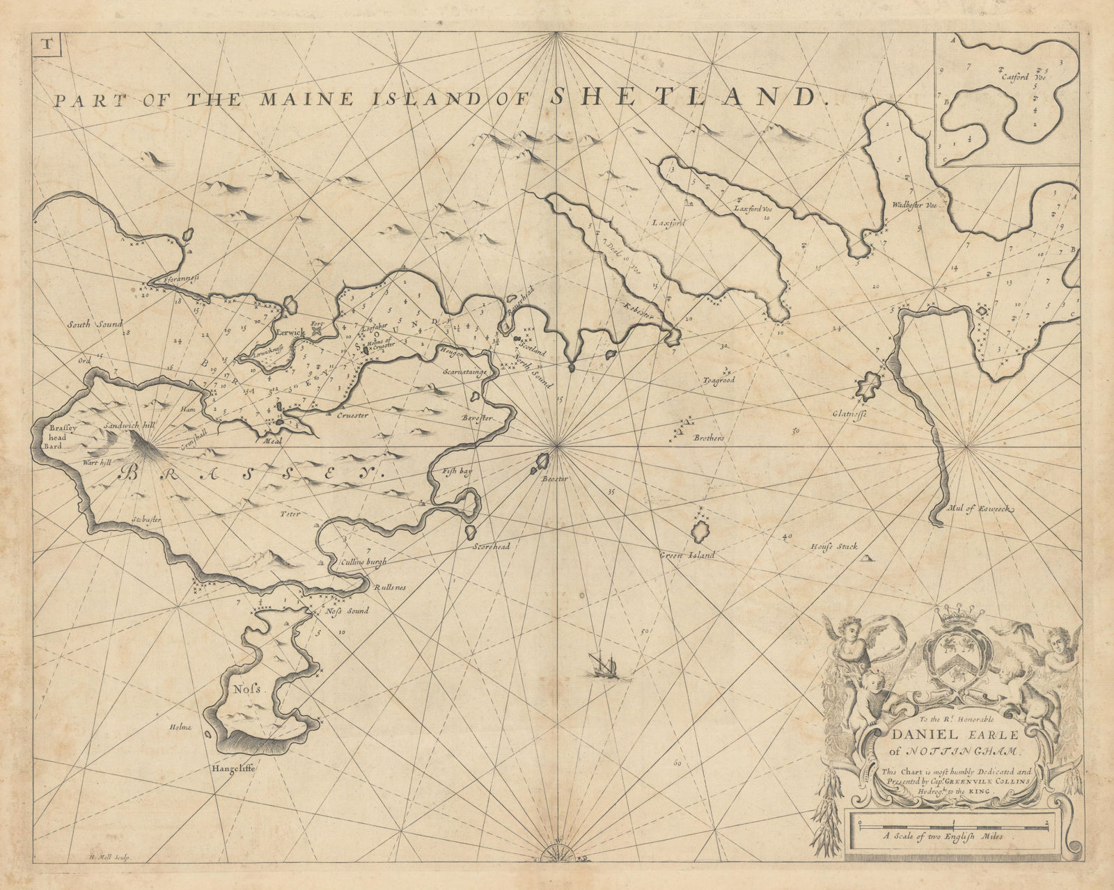 Part of the Maine Island of Shetland sea chart. Lerwick Bressay COLLINS 1723 map