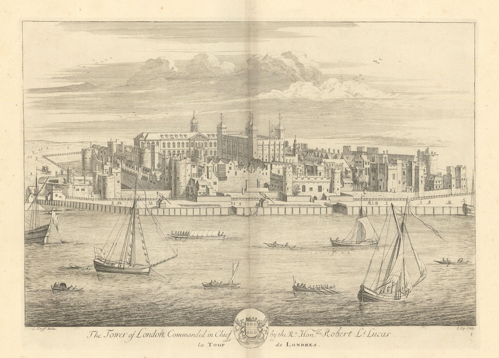 The Tower of London by Kip & Knyff. La Tour de Londres 1709 old antique print
