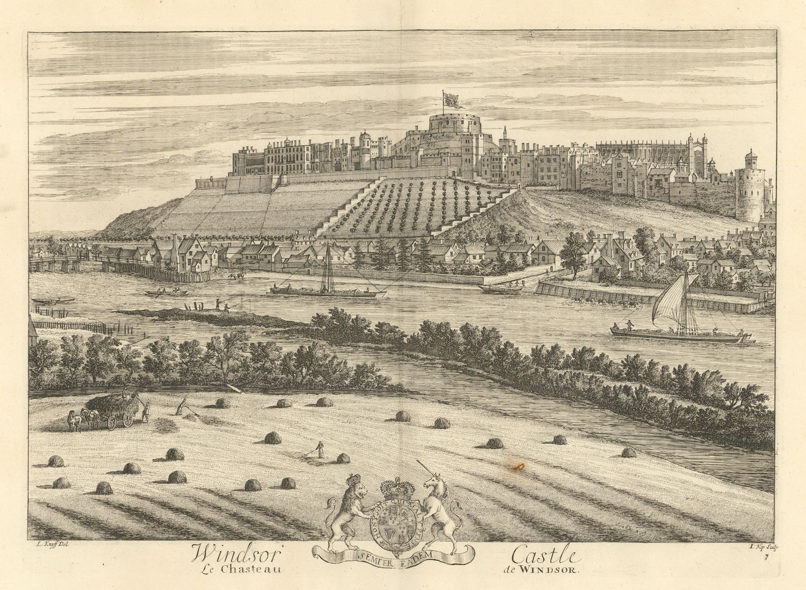 Windsor Castle from the Thames by Kip & Knyff. Le Chasteau de Windsor 1709