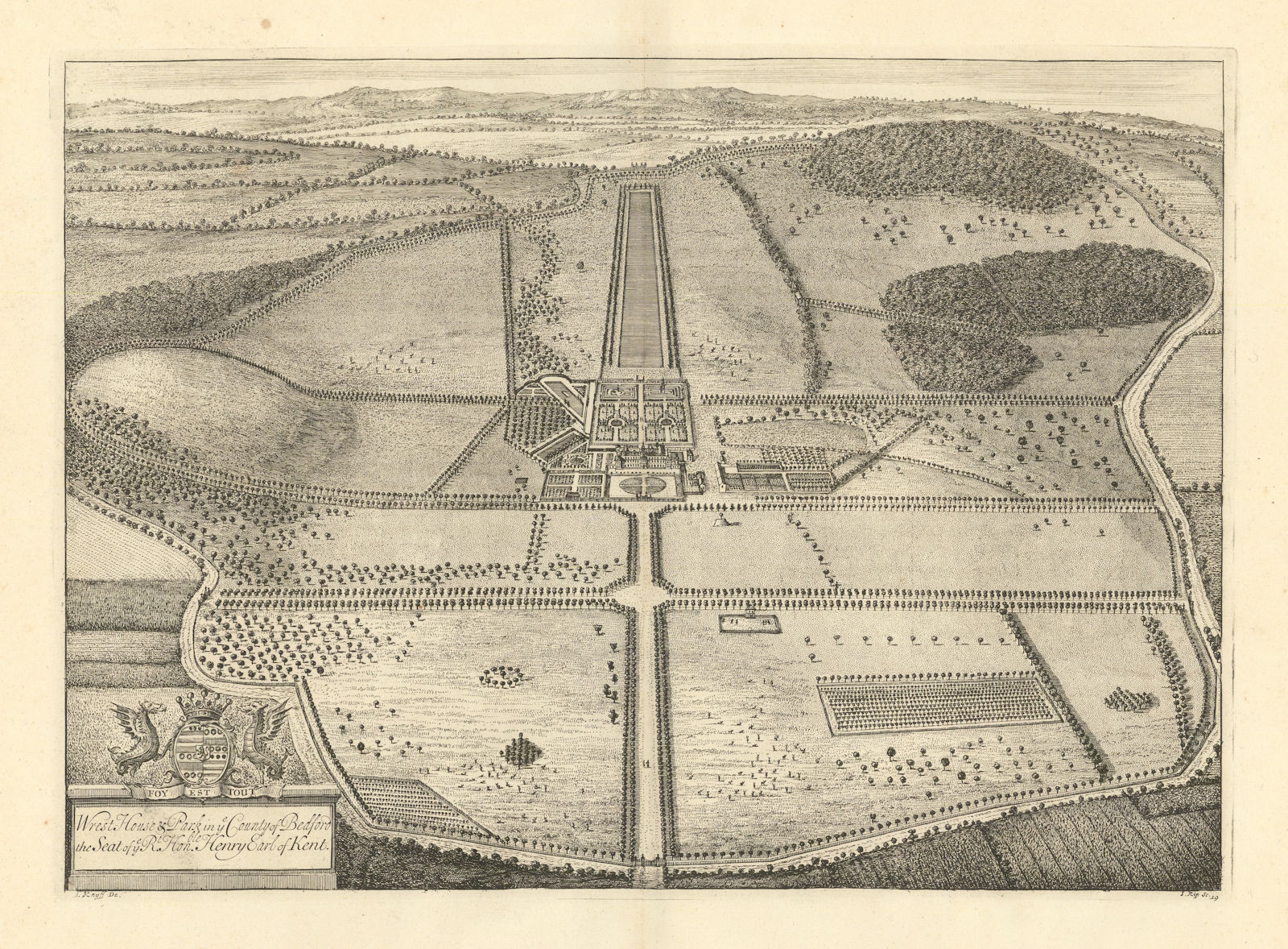 Wrest Park, Silsoe, Bedfordshire by Kip & Knyff. "Wrest House & Park" 1709