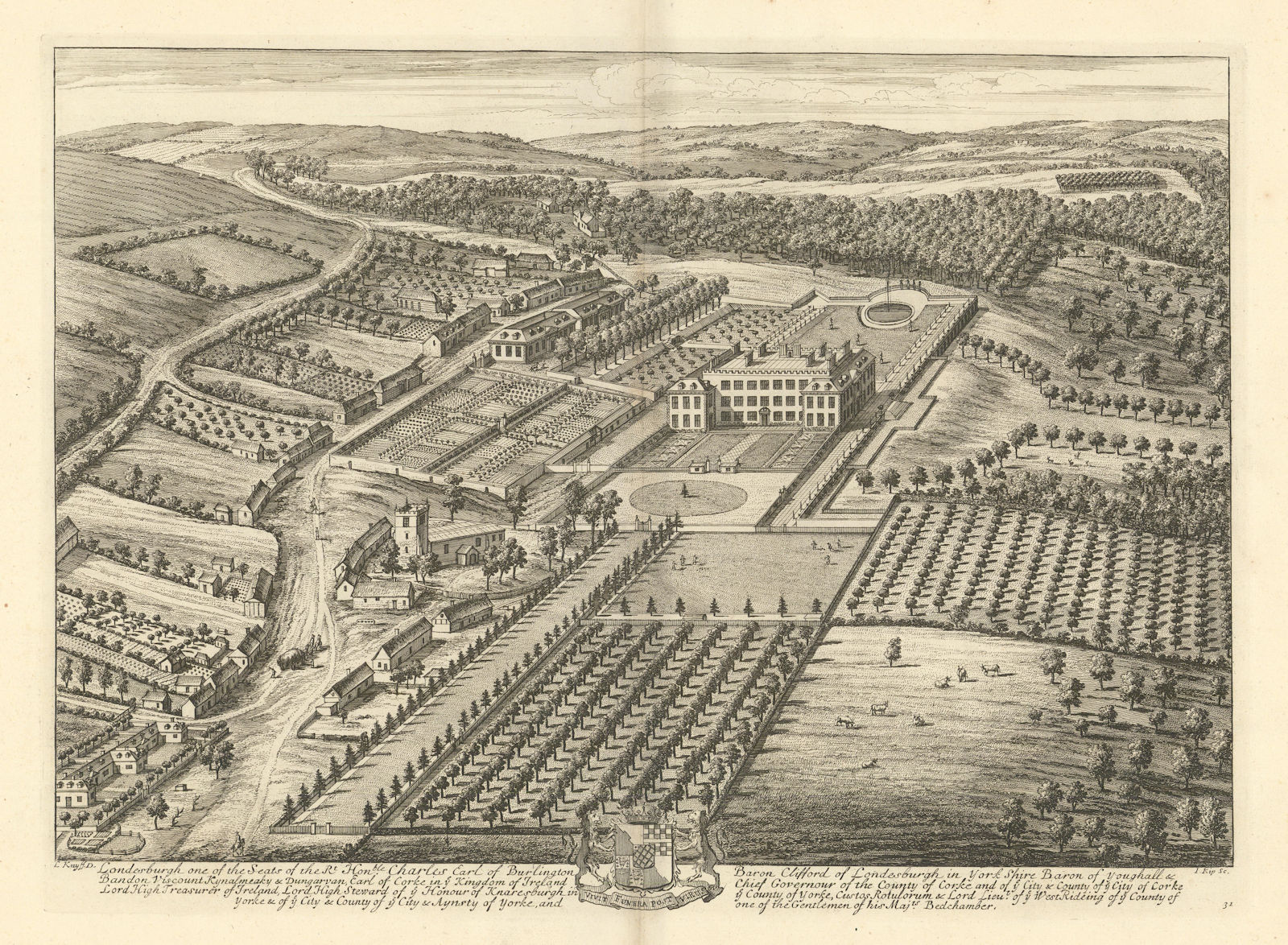 Londesborough Hall, Yorkshire by Kip & Knyff. "Londesburgh". Burlington 1709