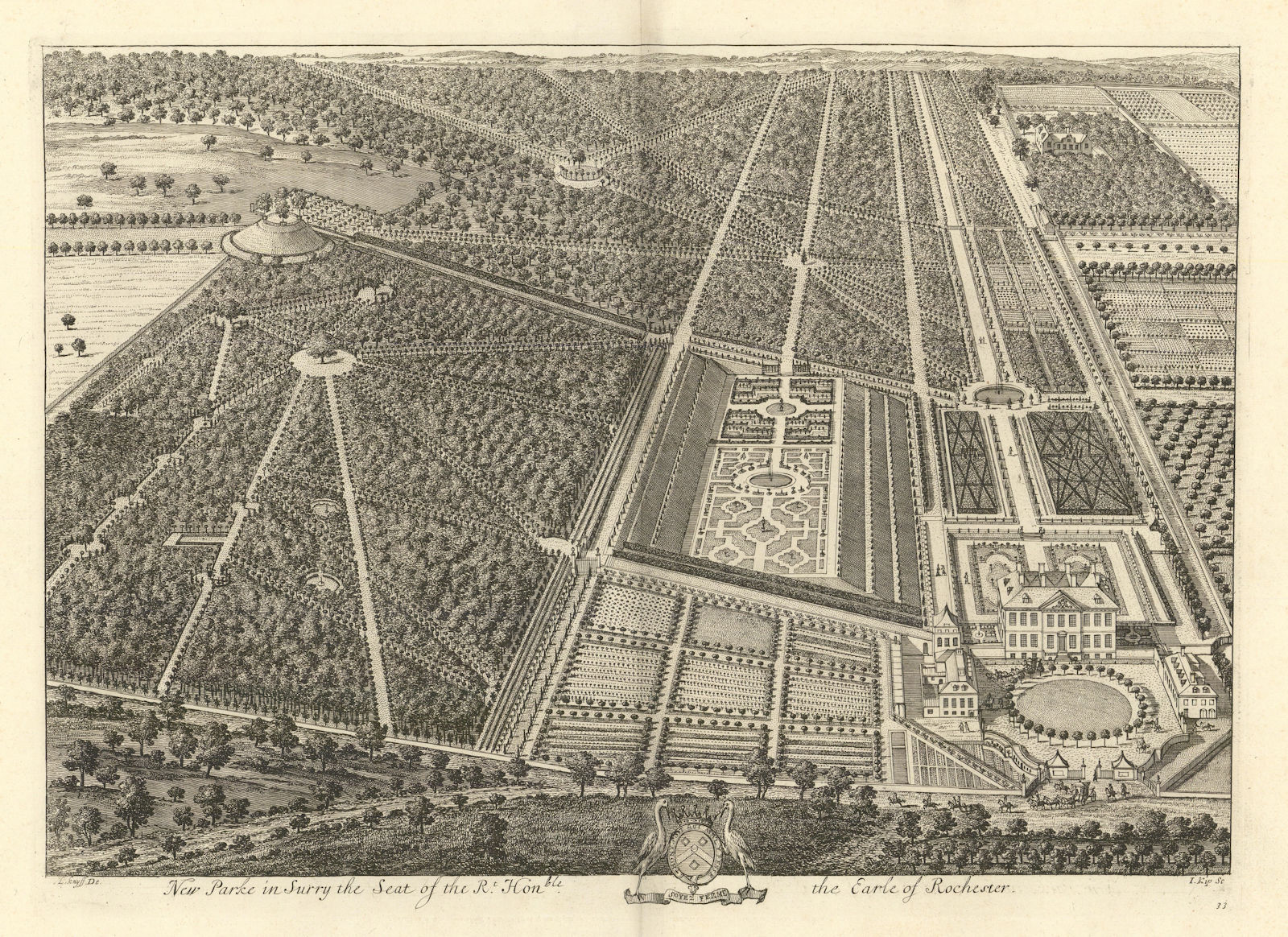 New Park, Richmond Hill, Petersham by Kip & Knyff. "New Parke in Surry" 1709
