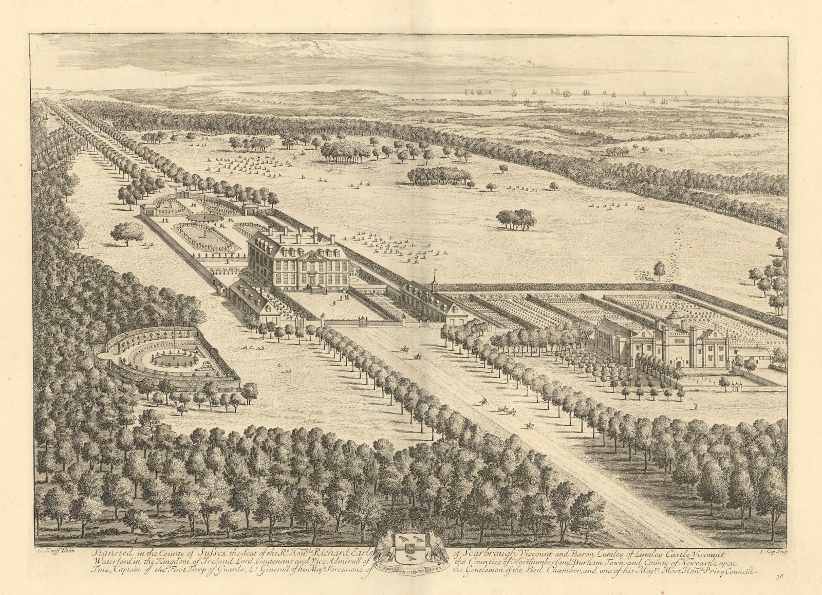 Stansted House & Park, Stoughton, Chichester, Sussex by Kip & Knyff 1709 print