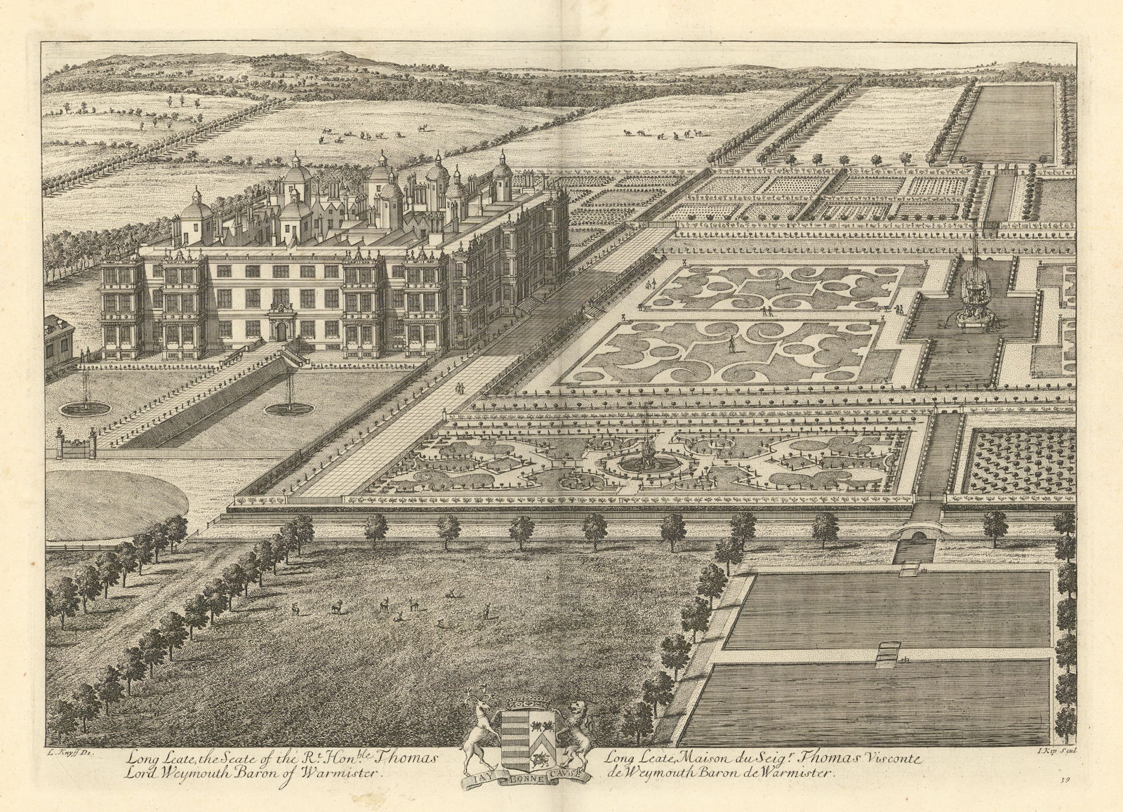 Longleat House, Wiltshire by Kip & Knyff. "Long Leate, the Seate…"  1709 print