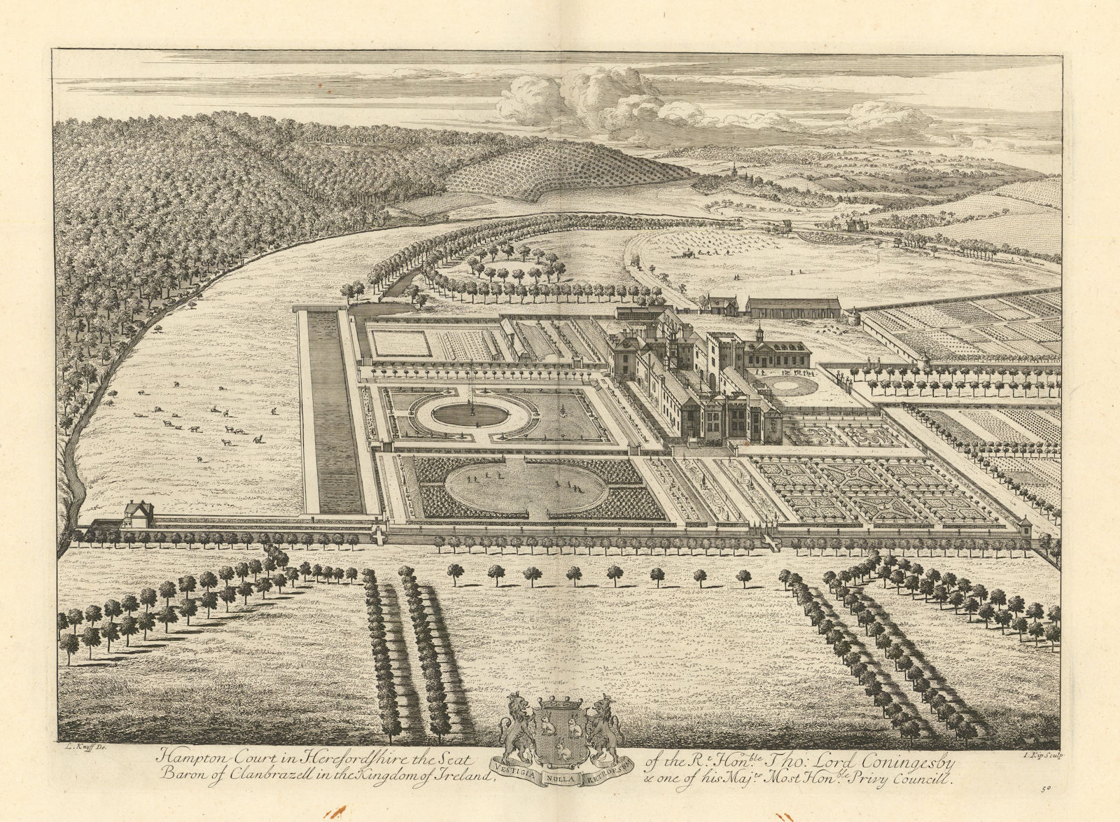 Hampton Court Castle, Hope under Dinmore by Kip & Knyff. Herefordshire 1709