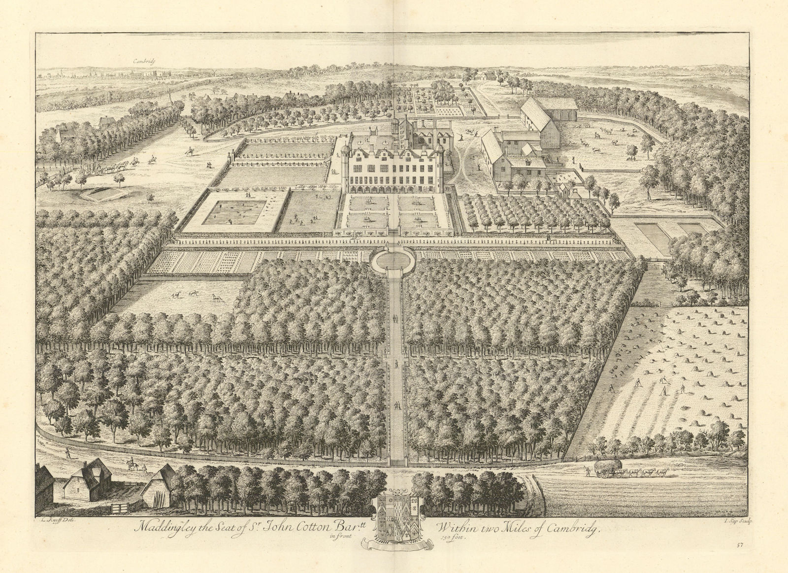 Madingley Hall, University of Cambridge by Kip & Knyff. "Maddingley" 1709