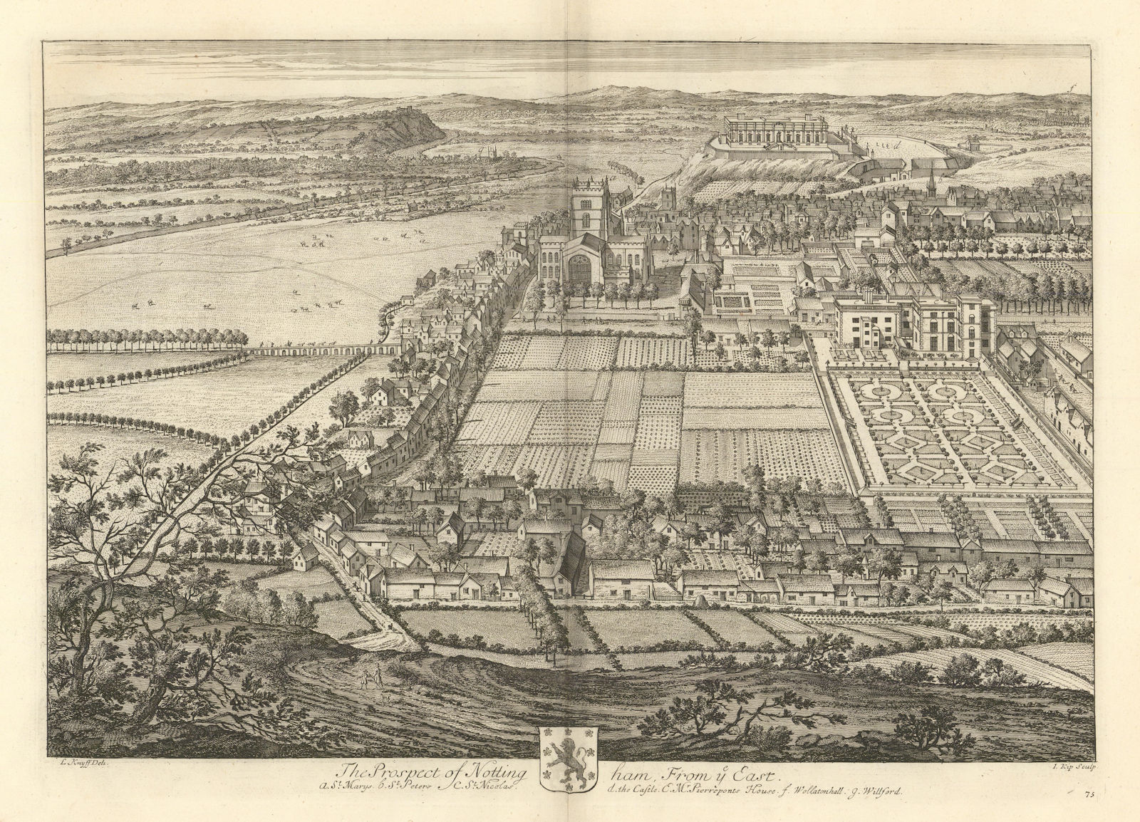 "The Prospect of Nottingham from ye East" by Kip/Knyff. St. Marys & Castle 1709