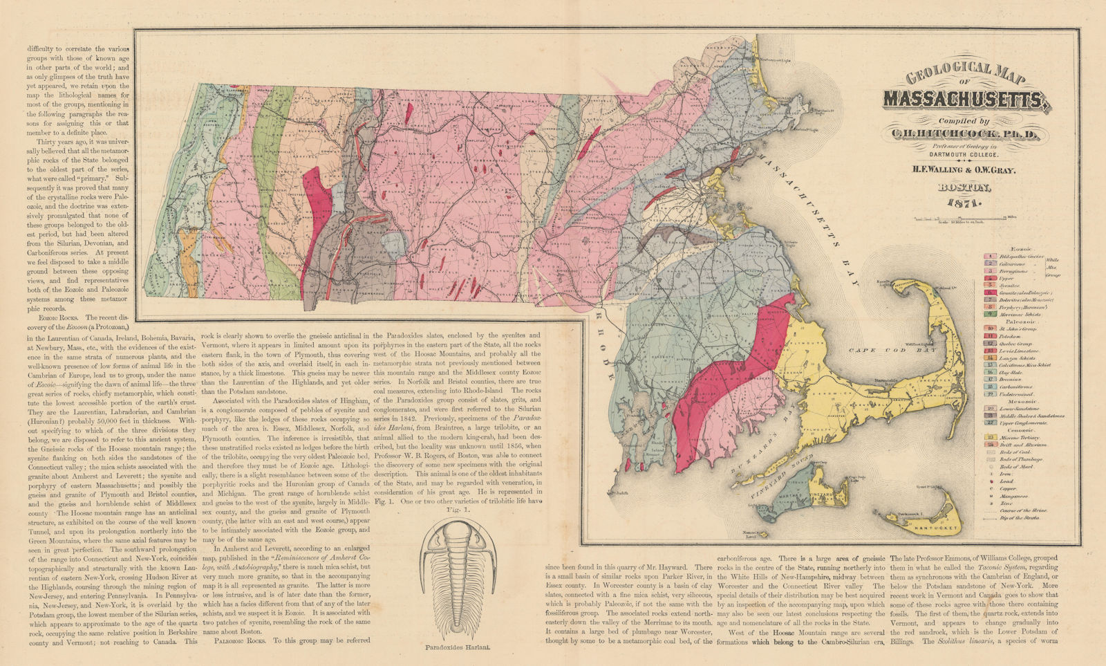 Geological map of Massachusetts… by C.H. Hitchcock. WALLING & GRAY 1871