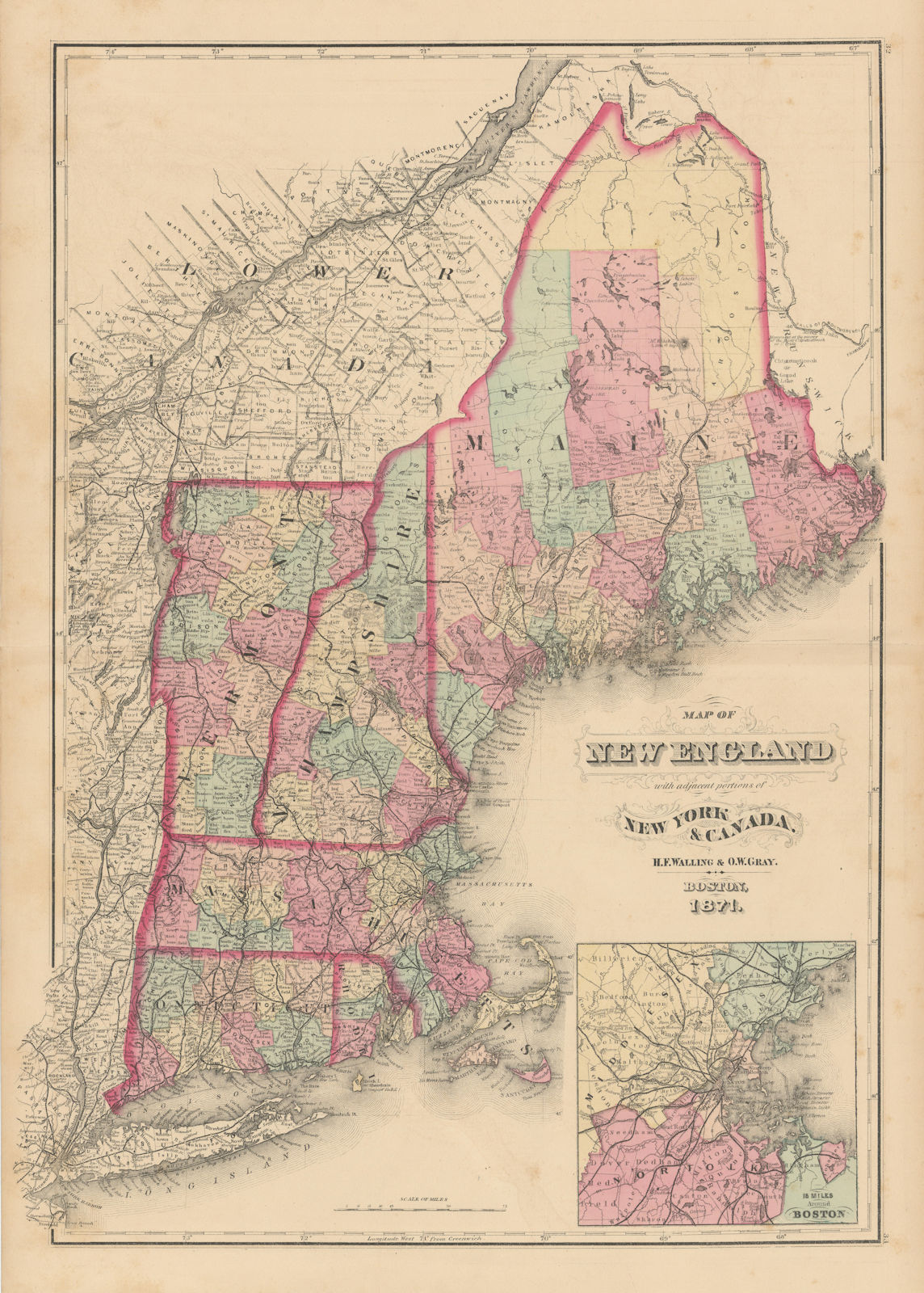 Map of New England with adjacent portions of New York… WALLING & GRAY 1871