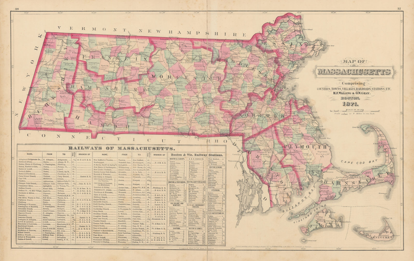 Map of Massachusetts comprising counties, towns… WALLING & GRAY 1871 old