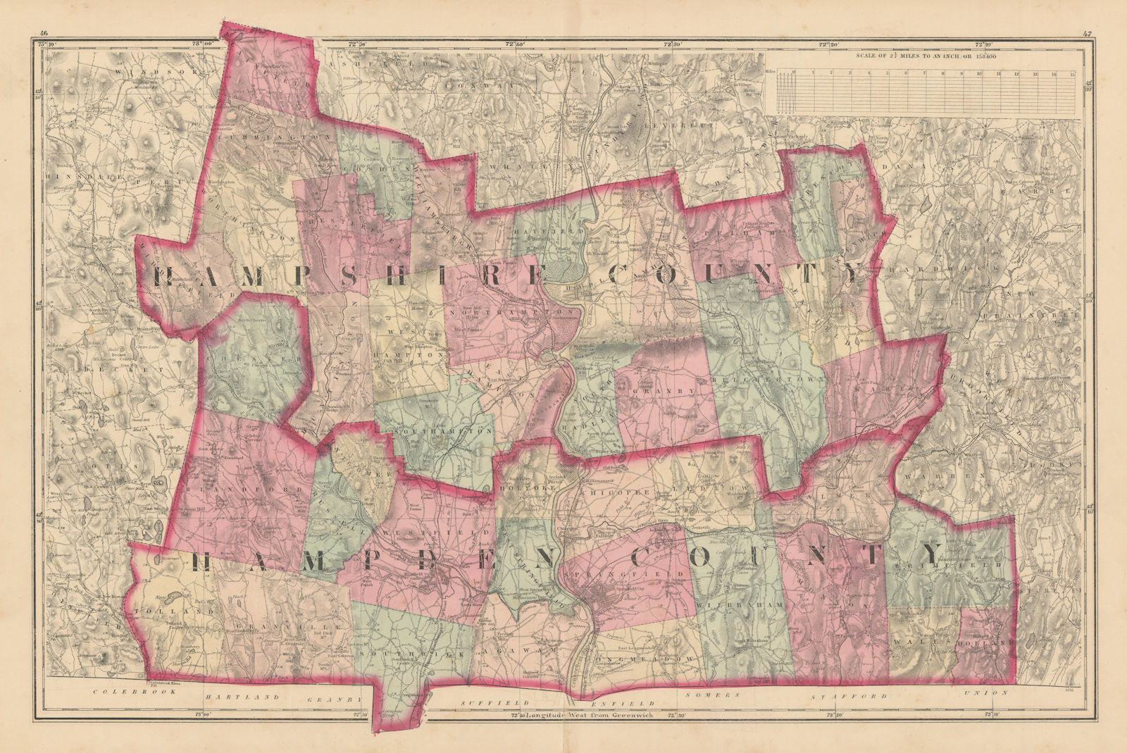 Hampshire County & Hampden County, Massachusetts. WALLING & GRAY 1871 old map