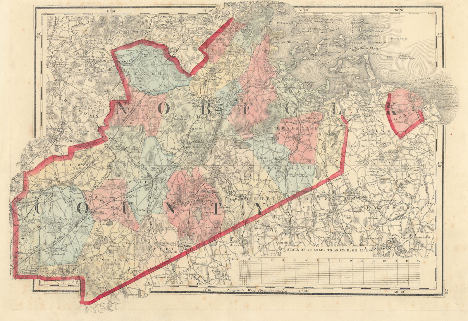 Norfolk County, Massachusetts. WALLING & GRAY 1871 old antique map plan chart