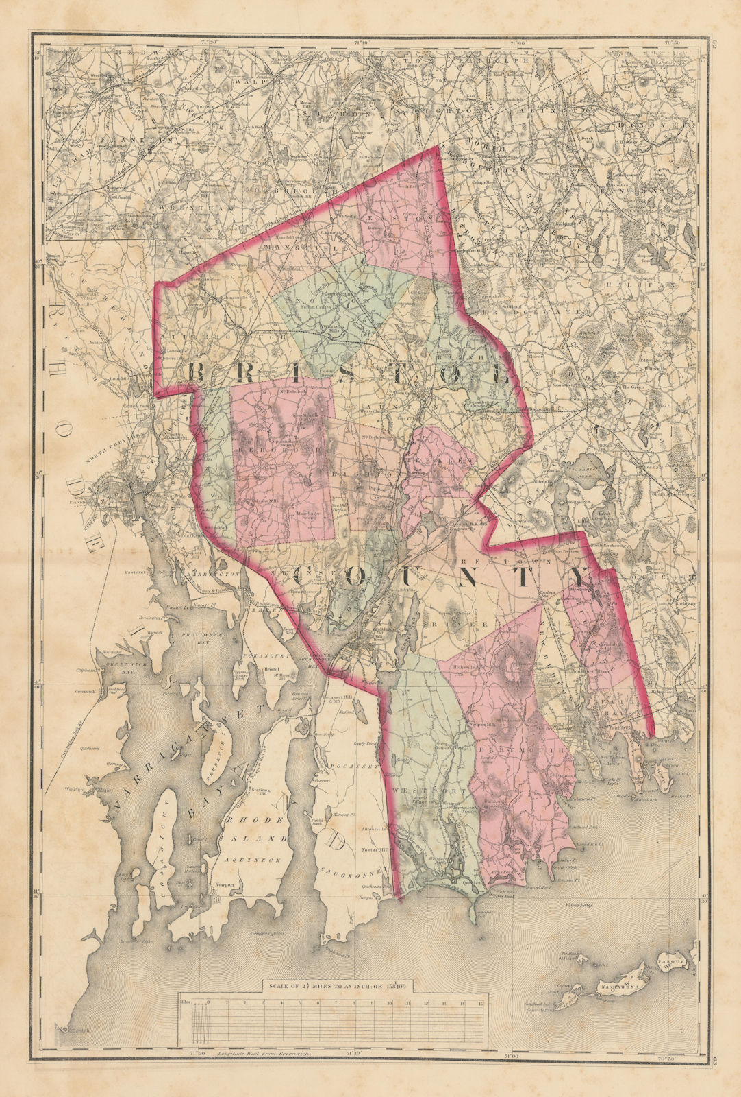 Bristol County, Massachusetts. WALLING & GRAY 1871 old antique map plan chart