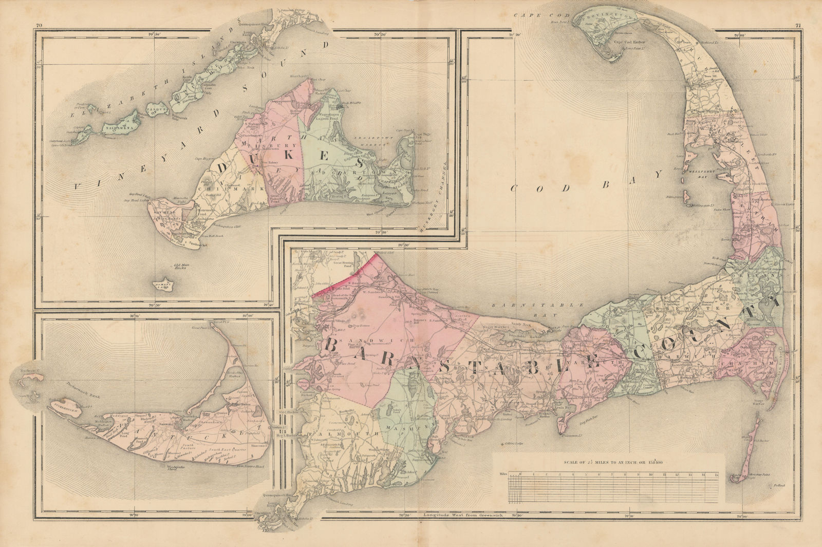 Cape Cod, Nantucket & Martha's Vineyard. Barnstable Dukes. WALLING GRAY 1871 map